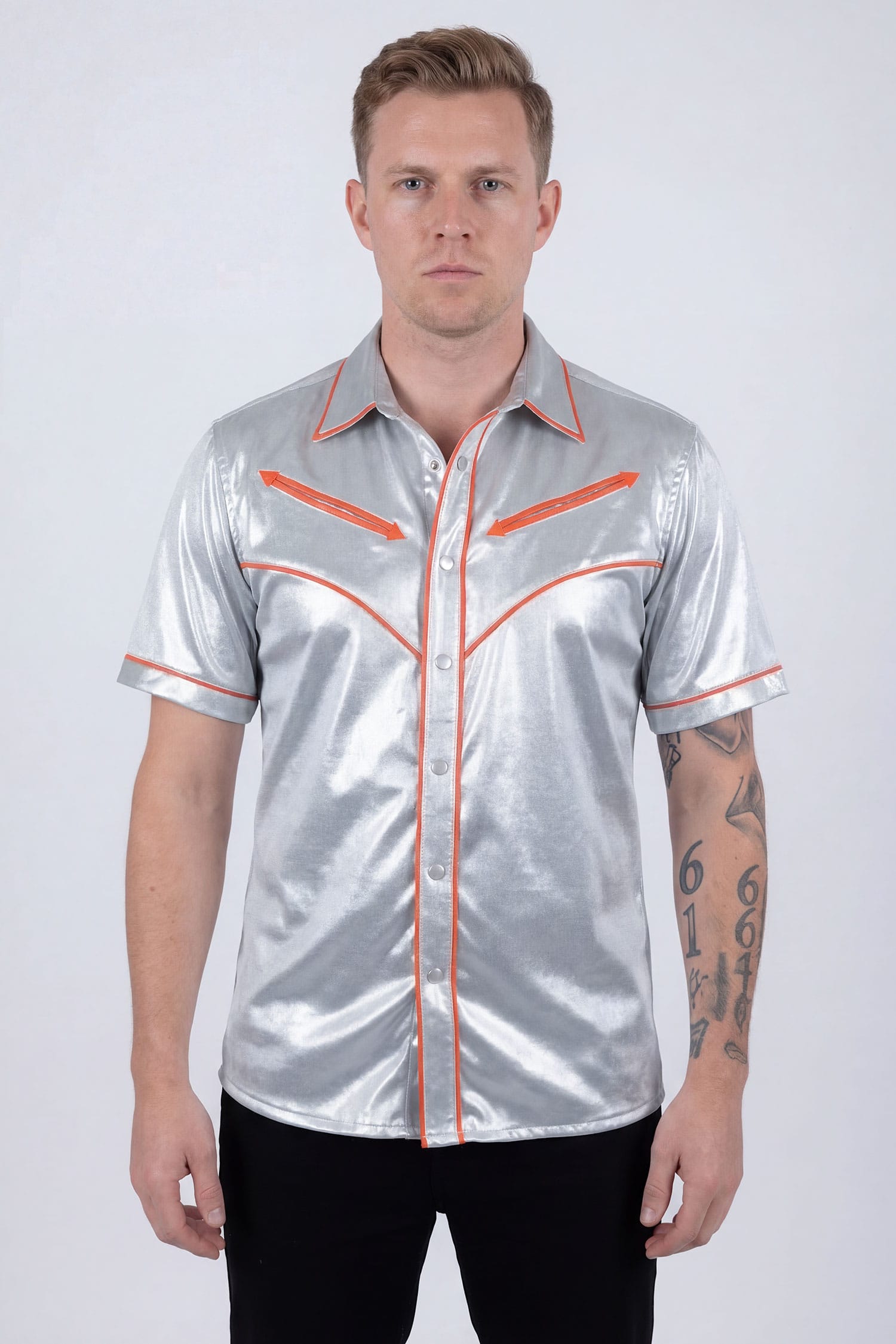 Barabas Men's Metallic Shiny Short Sleeve Casual Western Shirt 6WS02 Silver Orange