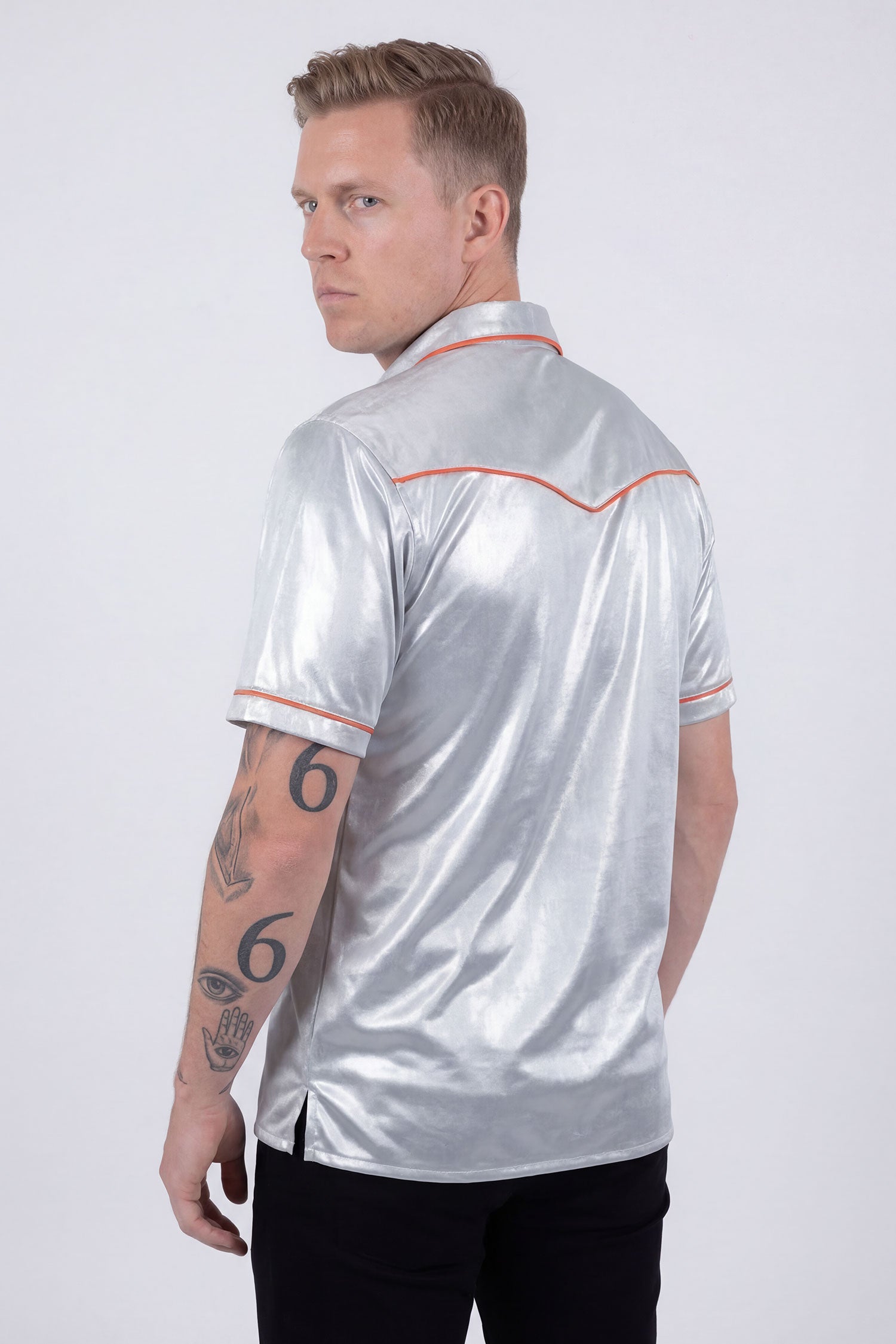 Barabas Men's Metallic Shiny Short Sleeve Casual Western Shirt 6WS02 Grey Orange