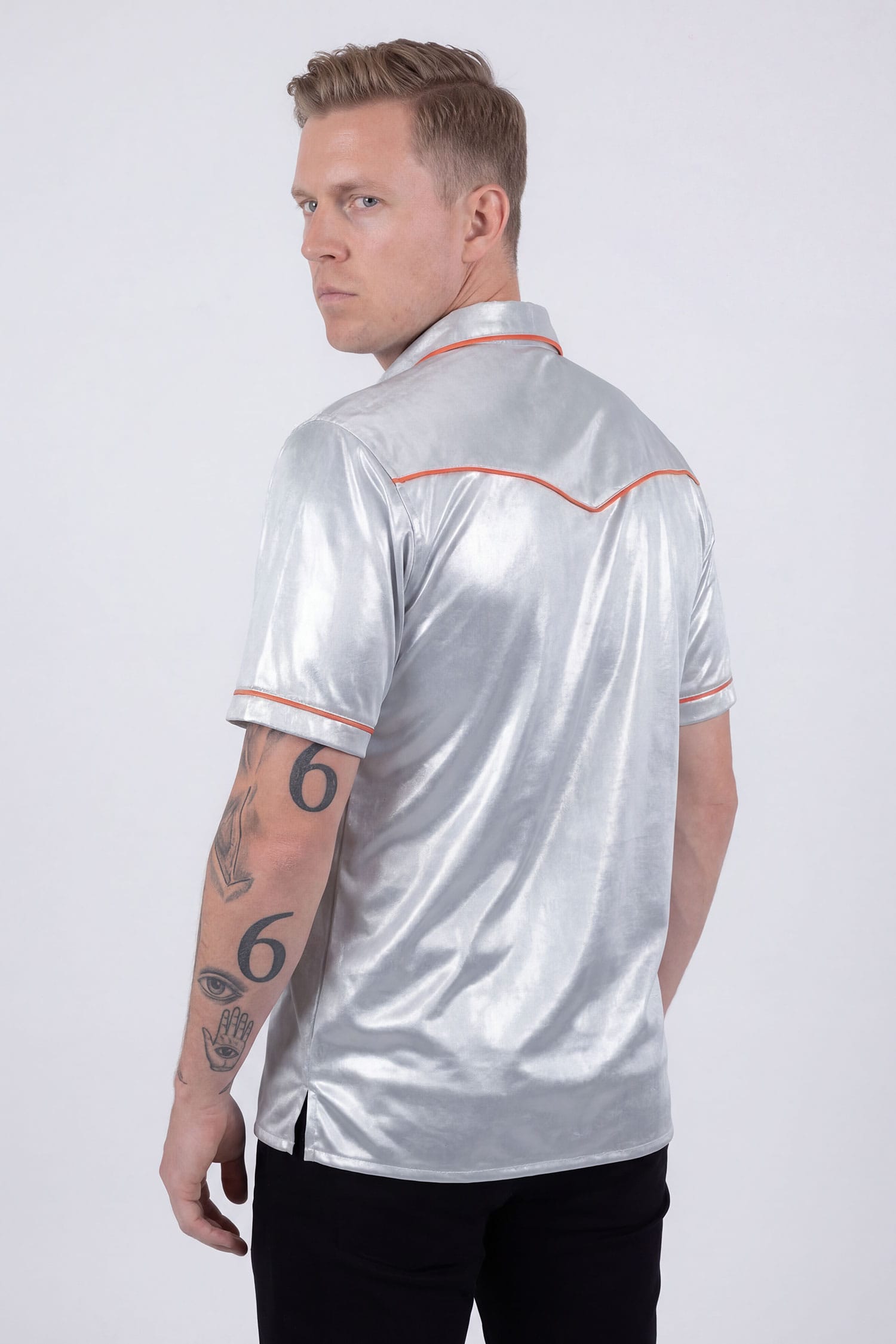 Barabas Men's Metallic Shiny Short Sleeve Casual Western Shirt 6WS02 Grey Orange