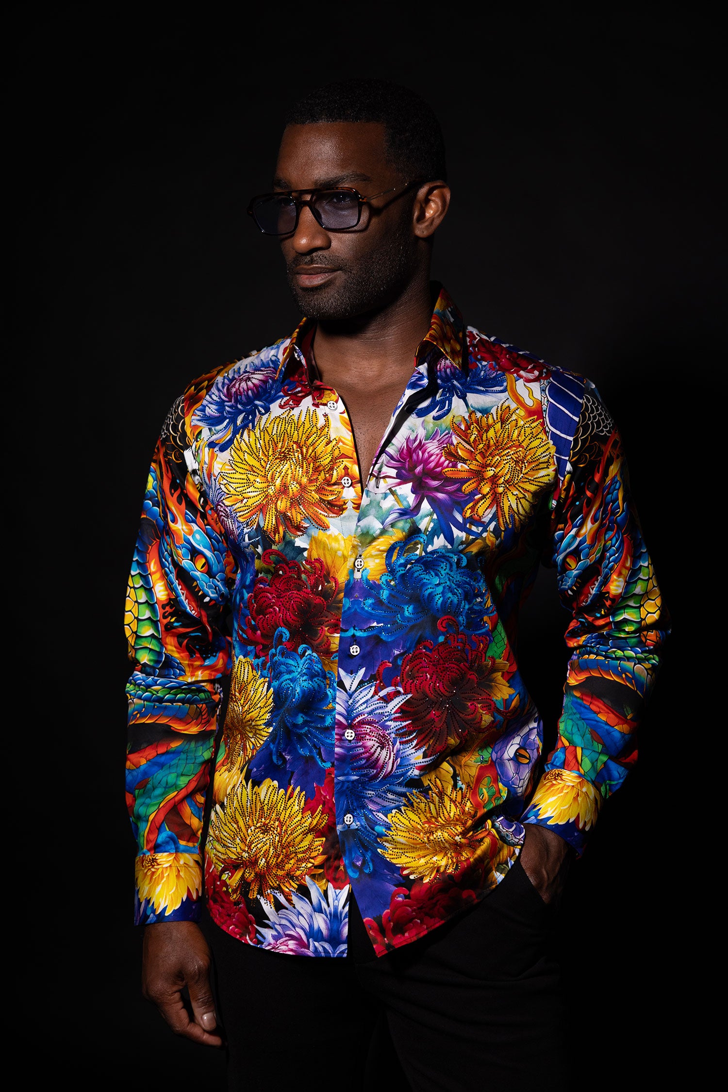 Barabas Men's Rhinestones Floral Snake Long Sleeve Shirts 5SPR03 Red