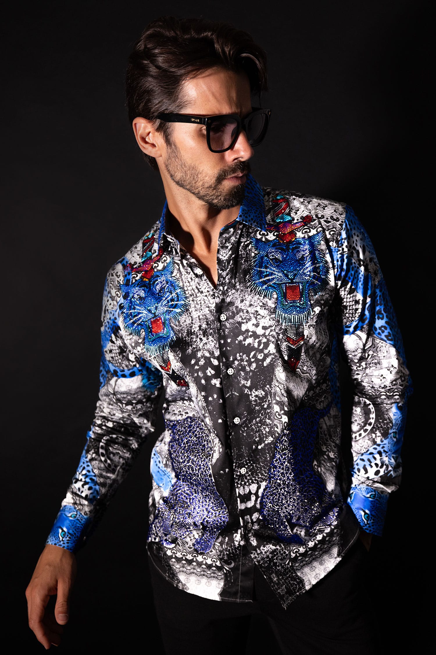 Barabas Men's Rhinestones Tiger Cheetah Textured Long Sleeve Shirts 5SPR01 Blue
