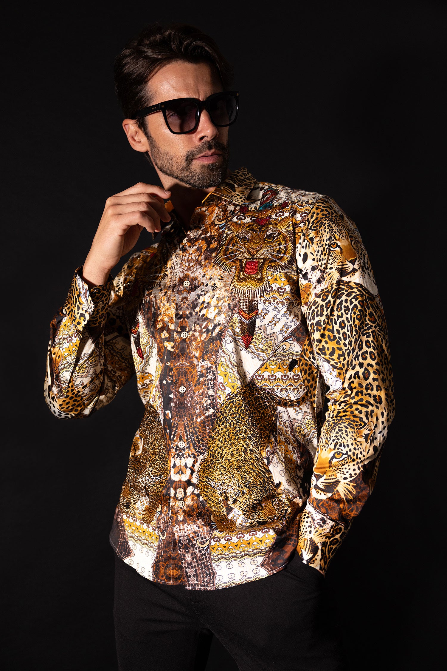 Barabas Men's Rhinestones Tiger Cheetah Textured Long Sleeve Shirts 5SPR01 Brown