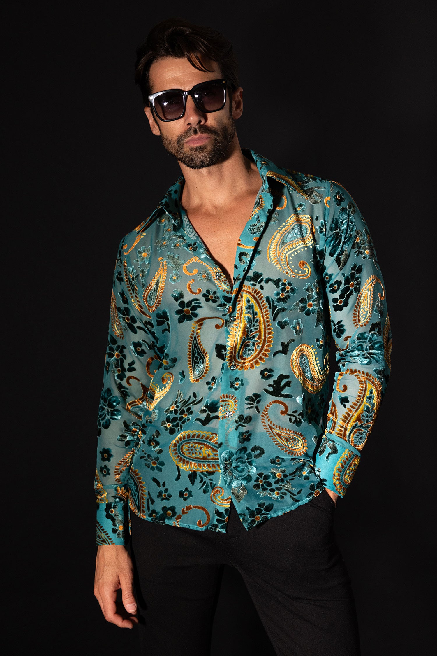 Barabas Men's See Through Paisley Textured Long Sleeve Shirts 5B17 Blue