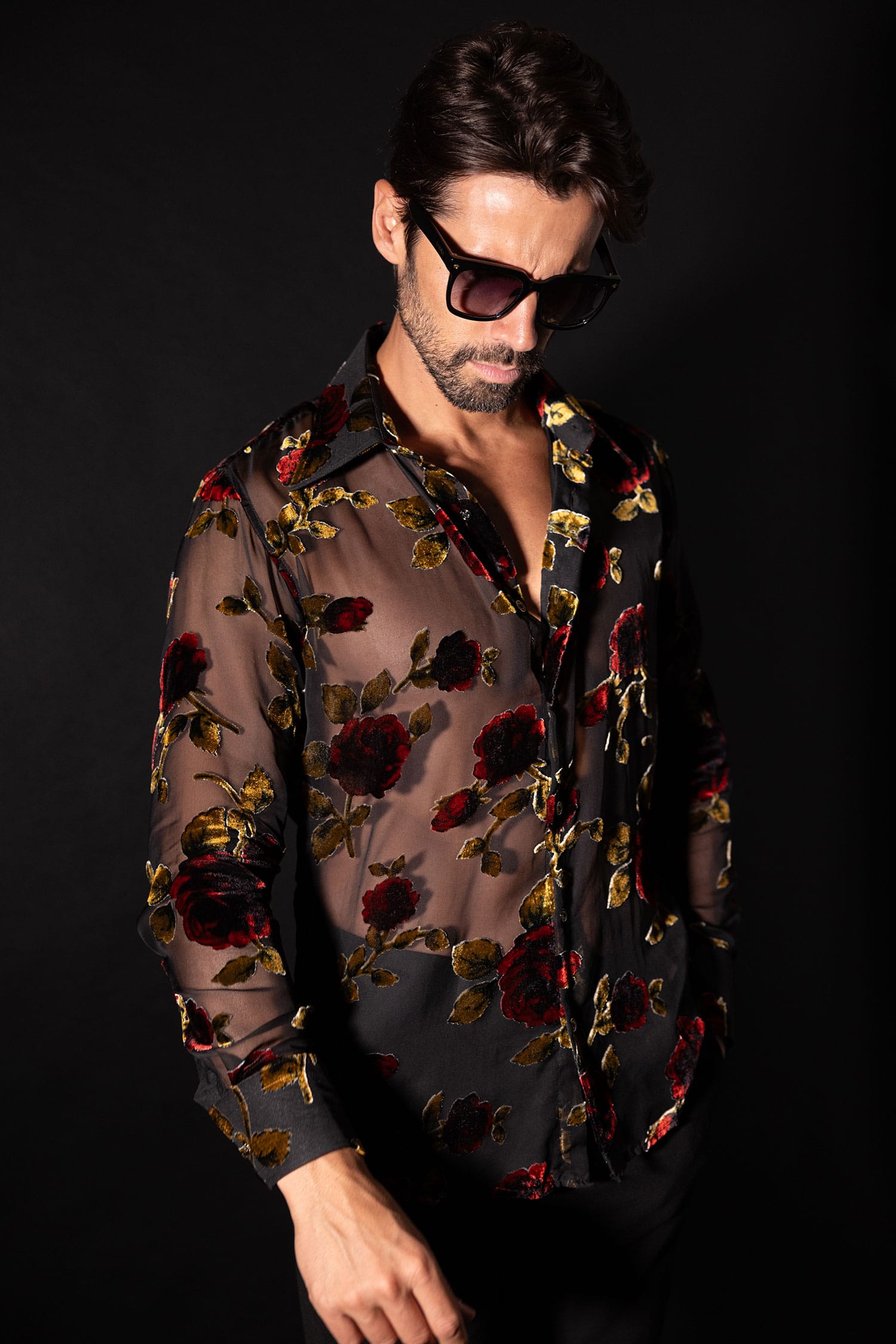 Barabas Men's See Through Floral Pattern Long Sleeve Shirts 5B16 Black
