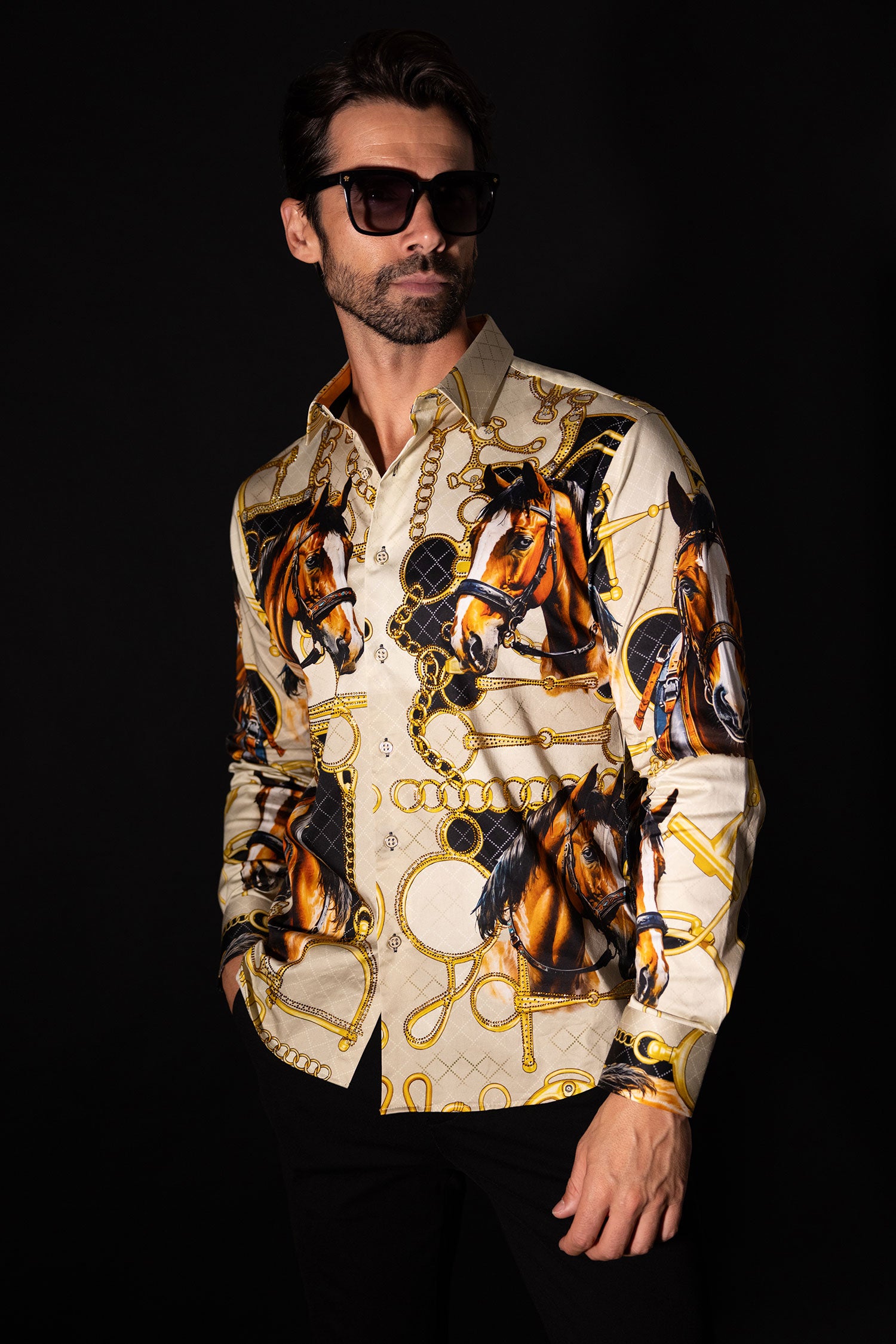 Barabas Men's Rhinestones Horse Pattern Long Sleeve Shirts 5SPR04 Beige