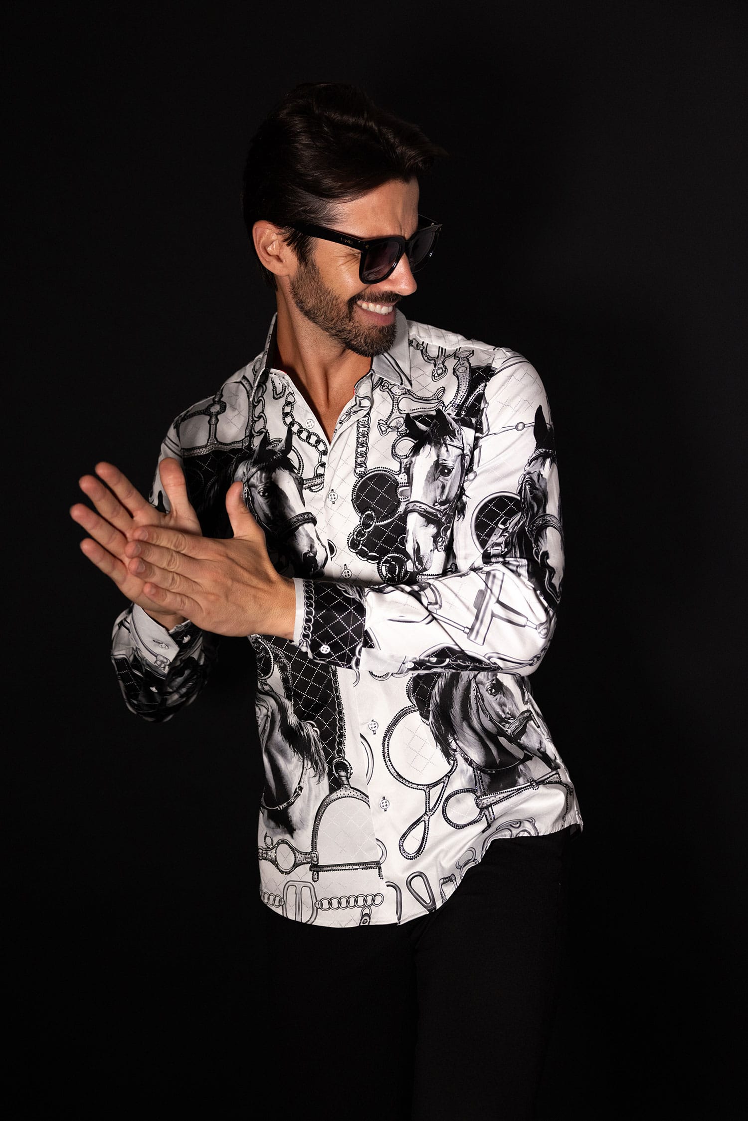 Barabas Men's Rhinestones Horse Pattern Long Sleeve Shirts 5SPR04 Silver