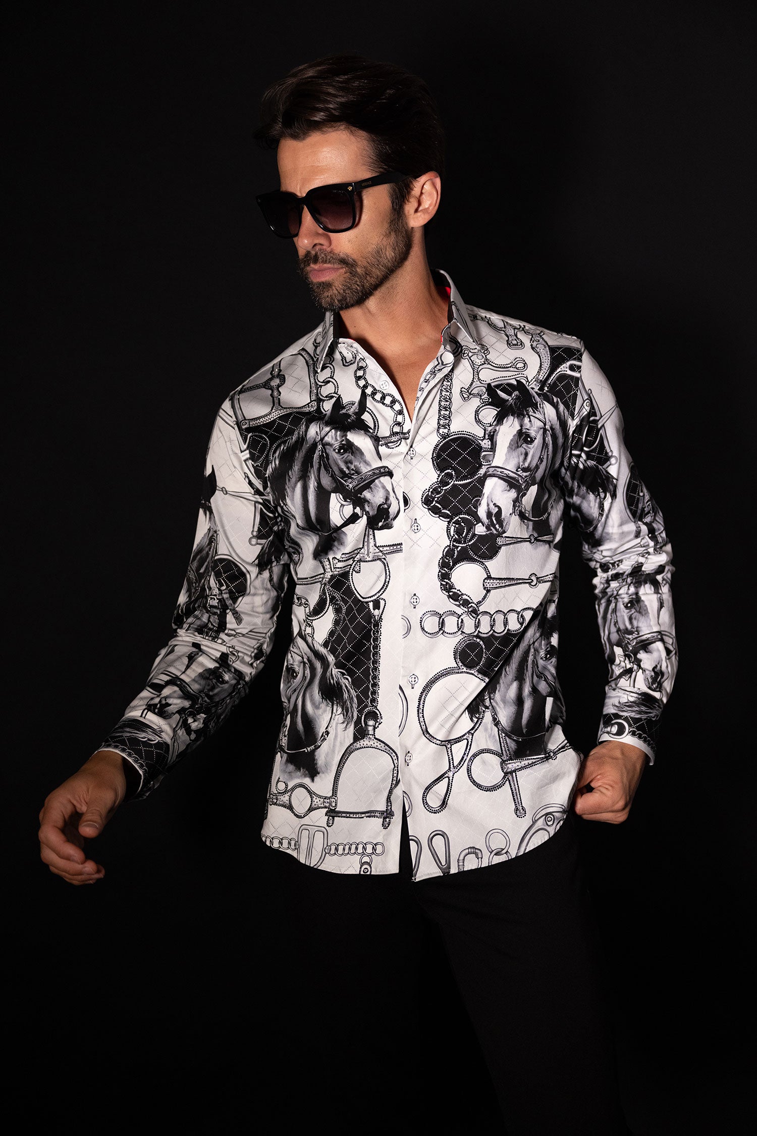 Barabas Men's Rhinestones Horse Pattern Long Sleeve Shirts 5SPR04 Silver