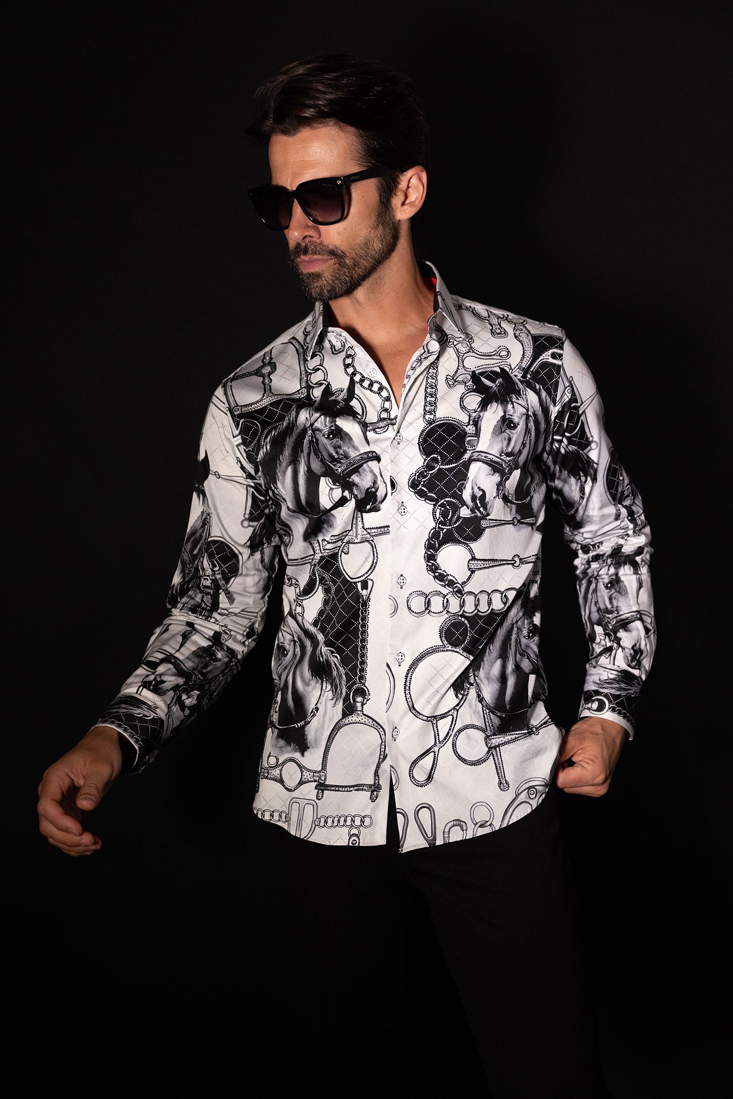 Barabas Men's Rhinestones Horse Pattern Long Sleeve Shirts 5SPR04 Silver