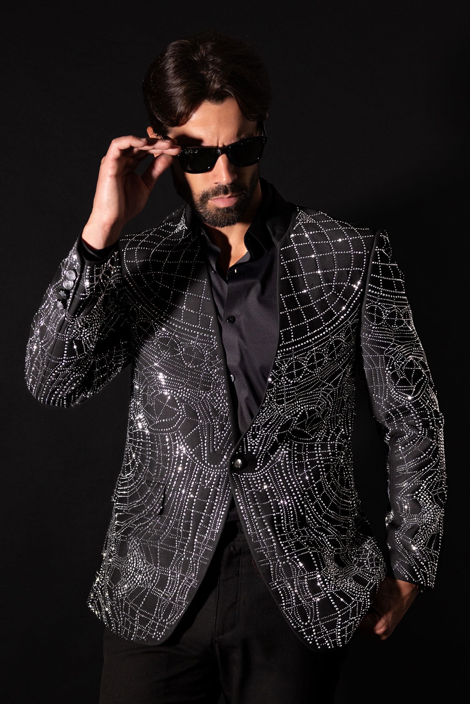 Barabas Men's Geometric Studded Henley Lapel Blazer 3BLR14 Black Silver