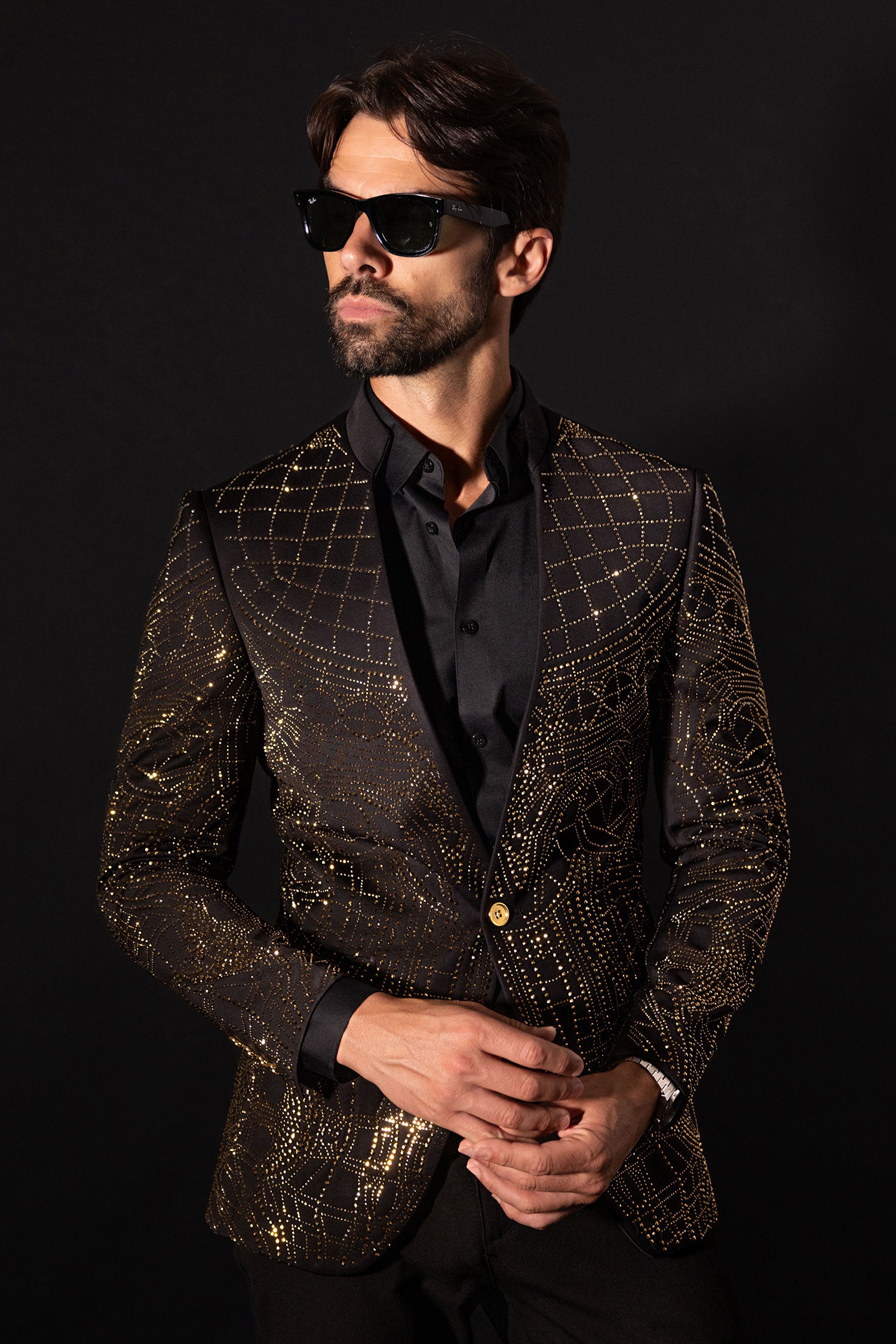 Barabas Men's Geometric Studded Henley Lapel Blazer 3BLR14 Black Gold