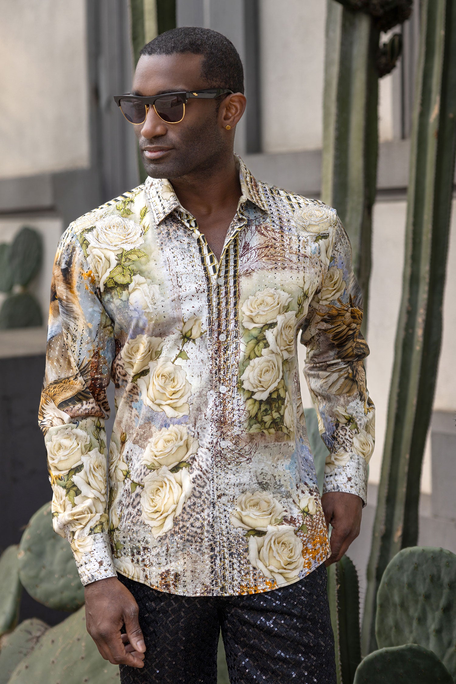 Barabas Men's Rhinestone Floral Wolf Long Sleeve Shirts 4SPR04 Beige