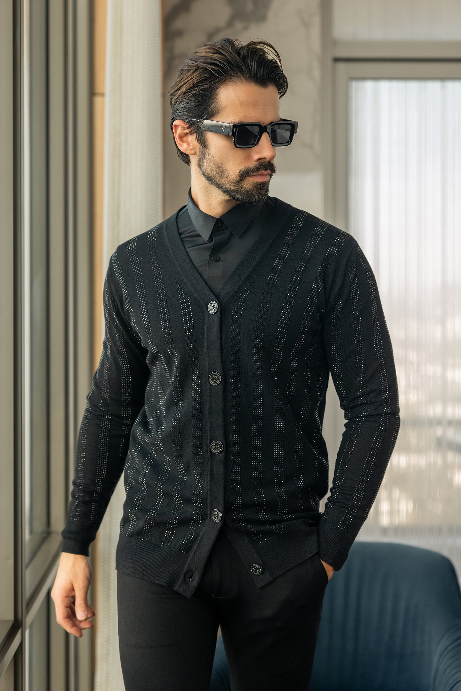 Barabas Men's Rhinestone Geometric Stretch Cardigan Sweater 4CJ02 Black Black
