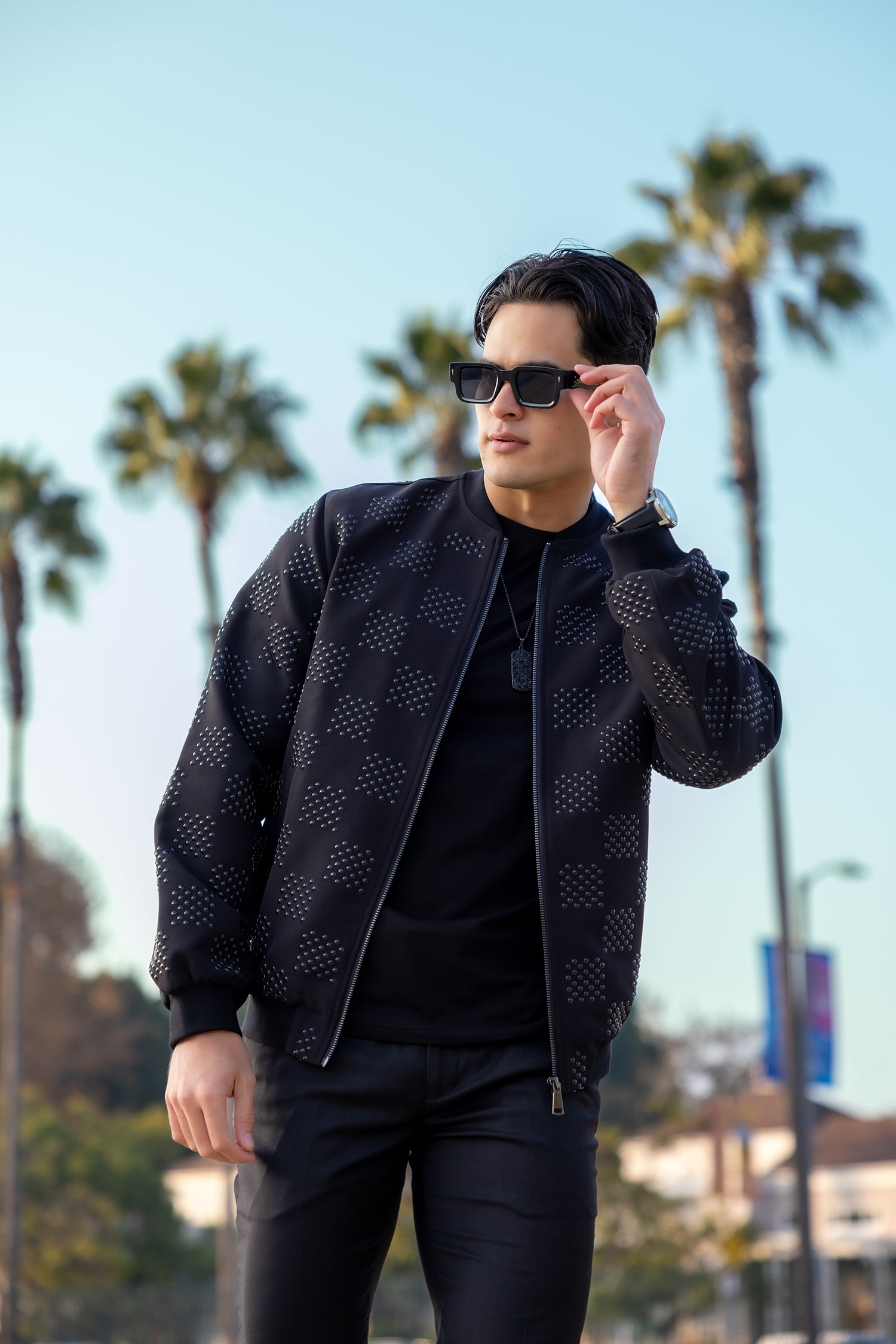 Barabas Men's Zipper Closure Checkered Bomber Jacket 4BPR34 Black