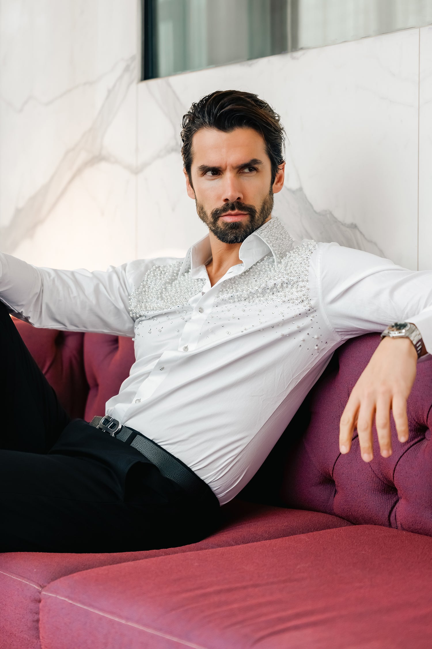 Barabas Men's Rhinestones Pearls Button Down Long Sleeve Shirts 4BR413 White