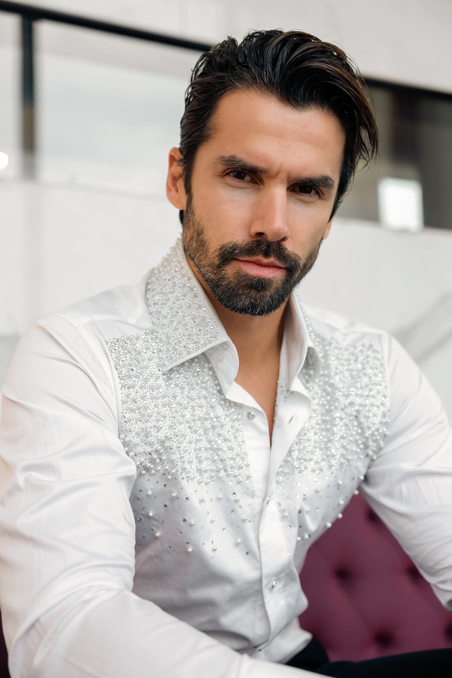 Barabas Men's Rhinestones Pearls Button Down Long Sleeve Shirts 4BR413 White