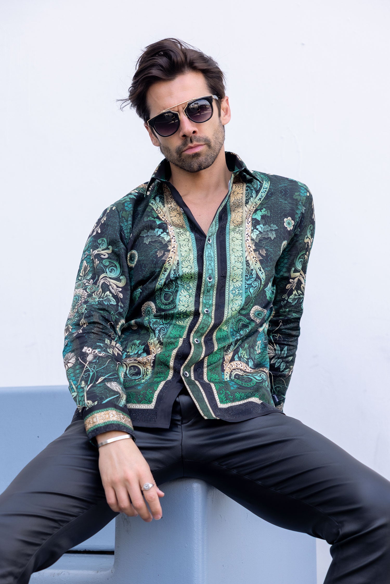 BARABAS Men's Rhinestone Floral Snake Skin Long Sleeve Shirts 3SPR408 Green