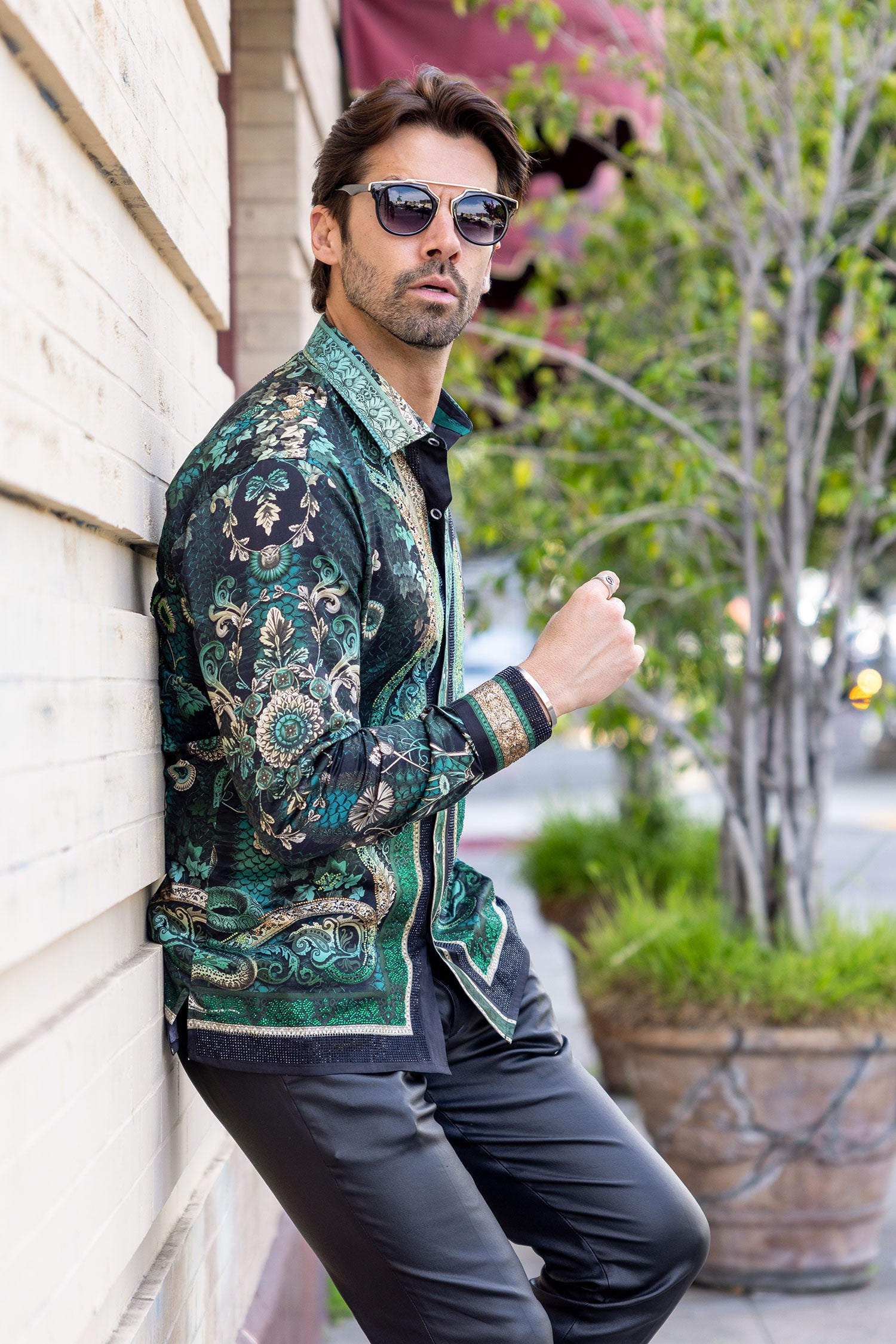 BARABAS Men's Rhinestone Floral Snake Skin Long Sleeve Shirts 3SPR408 Green