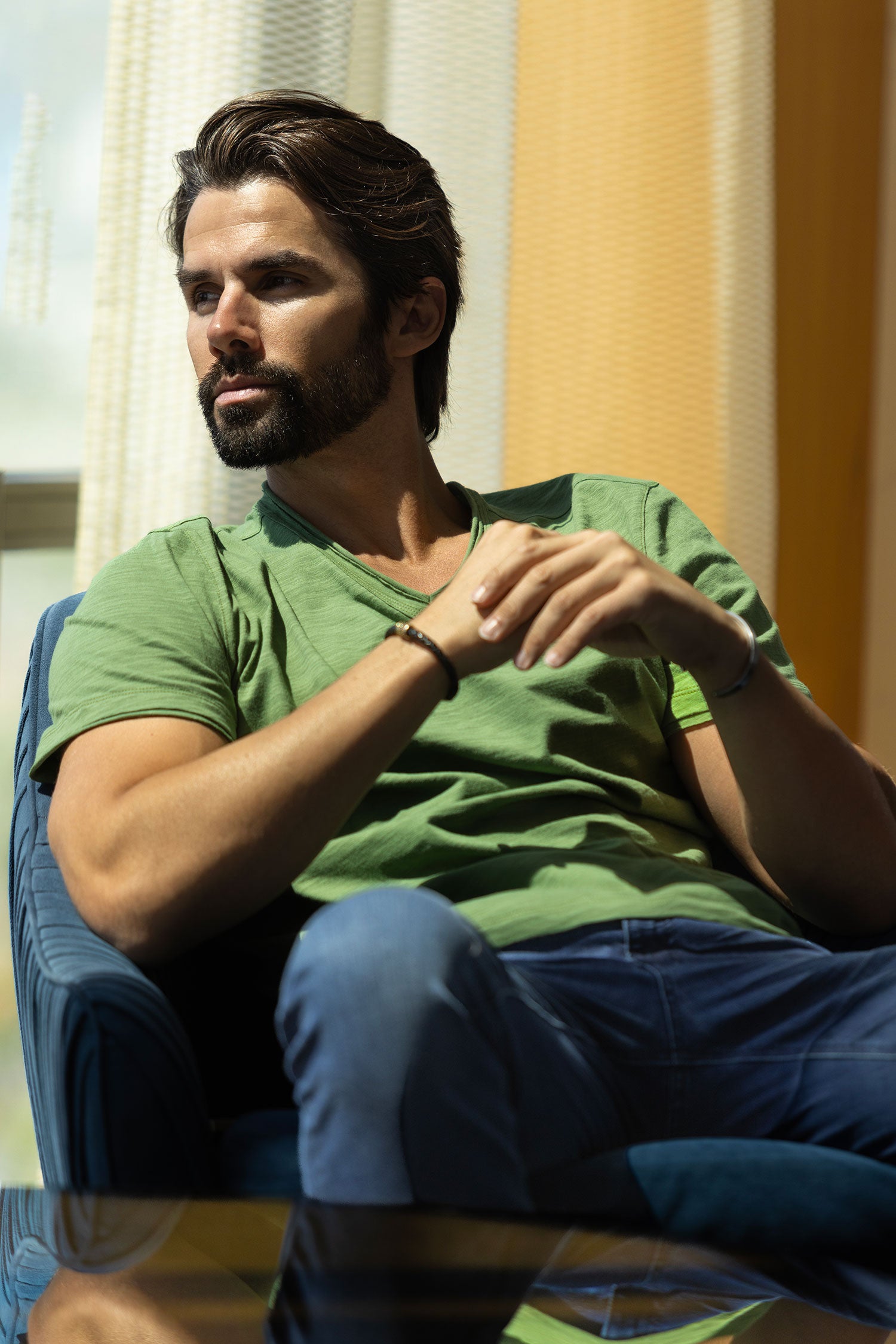 Barabas Men's Basic Solid Color V-neck Raw End T-shirts 4TV10 Olive