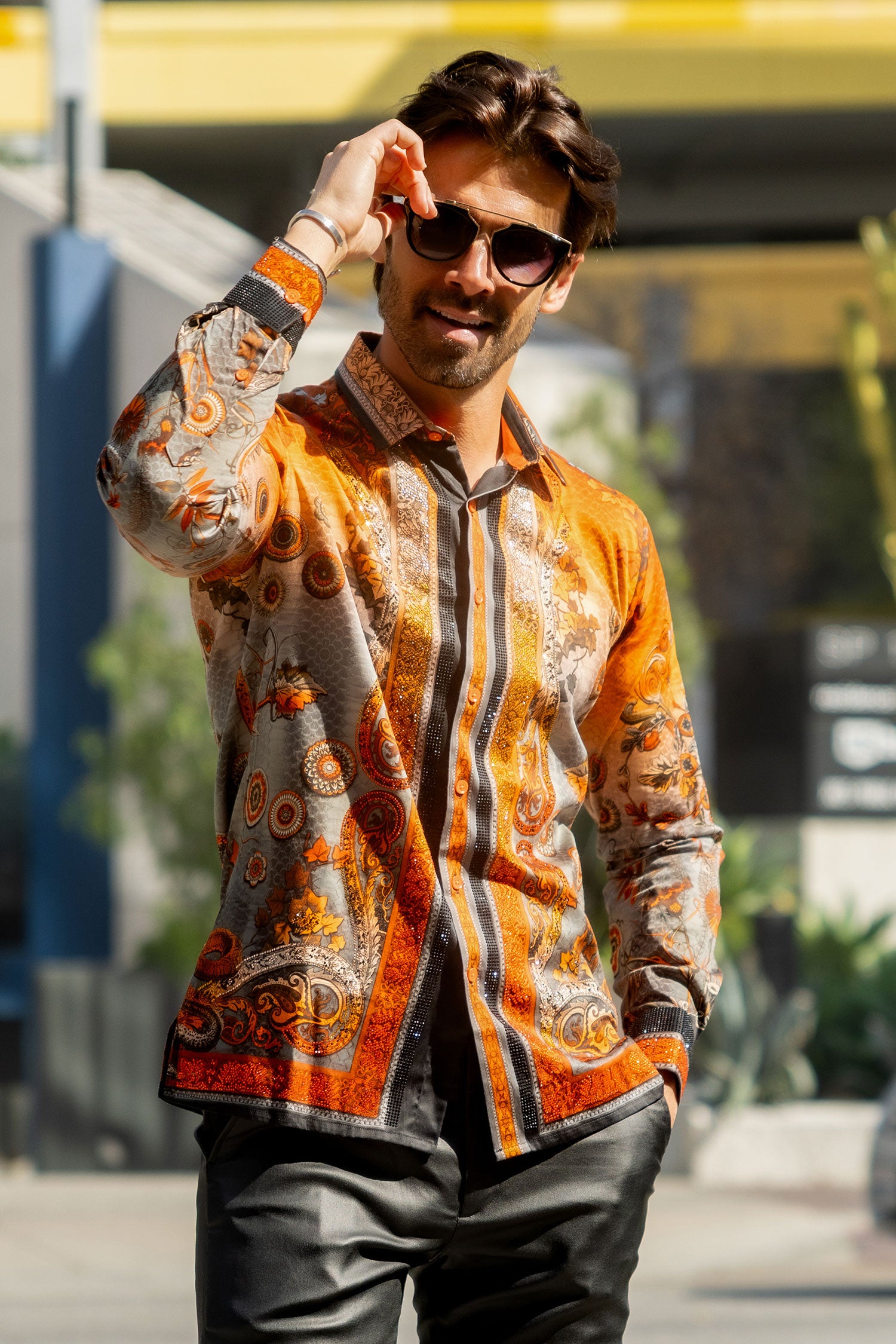BARABAS Men's Rhinestone Floral Snake Skin Long Sleeve Shirts 3SPR408 Orange