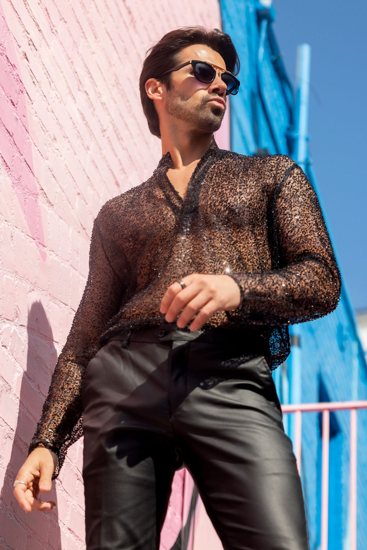 Barabas Men's See Through Sequins V-Neck Long Sleeve Shirts 5PST01 Black