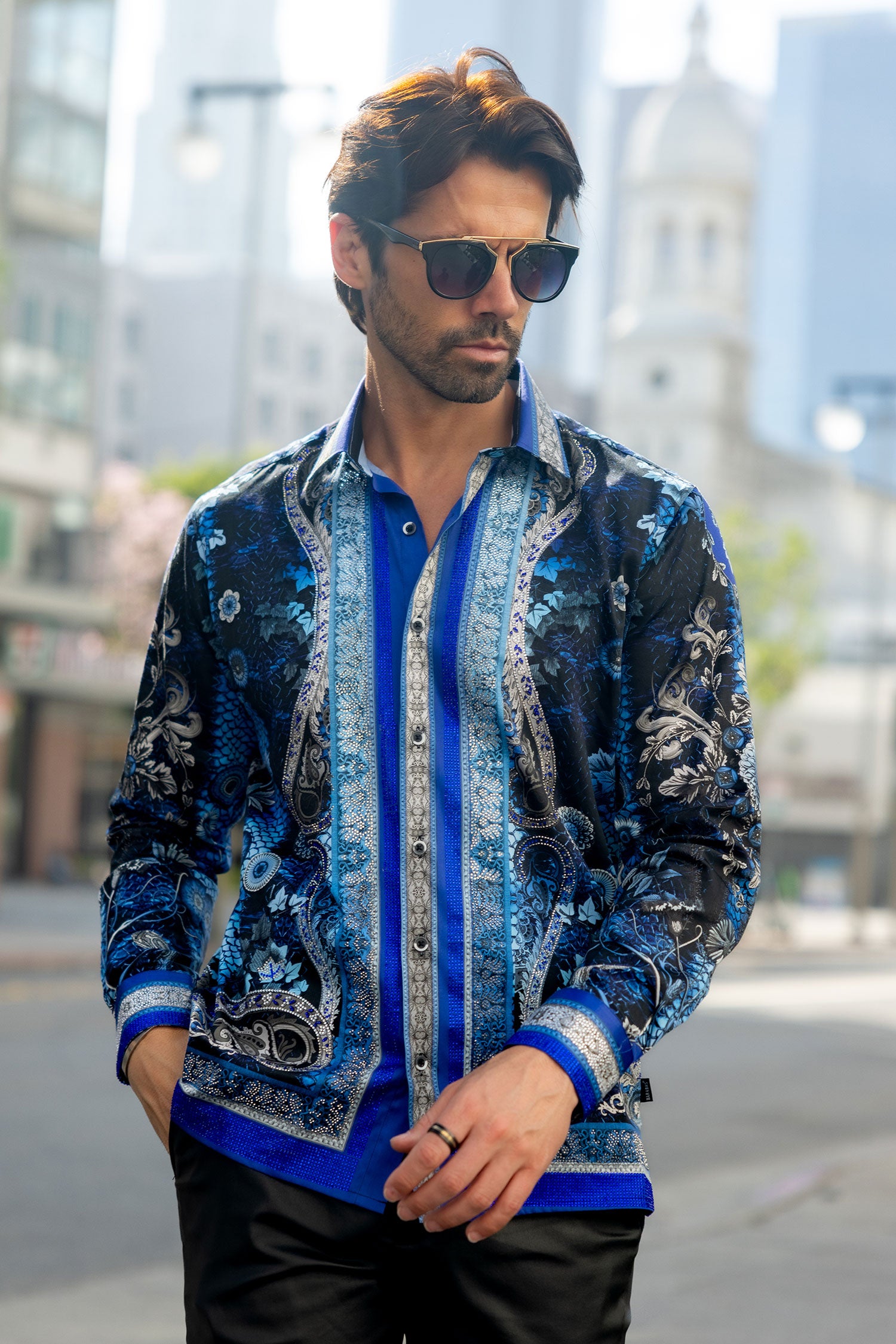 BARABAS Men's Rhinestone Floral Snake Skin Long Sleeve Shirts 3SPR408 Blue