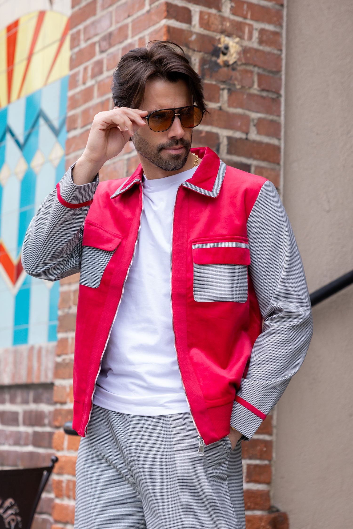 Barabas Men's Geometric Pattern Full Zip Collared Suede Suit 4SU32 Red Grey