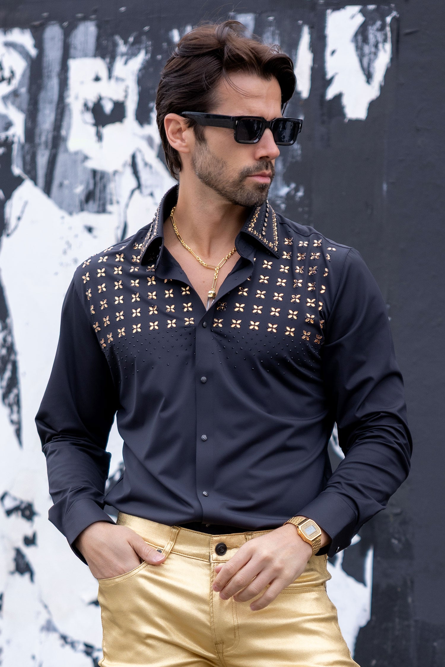 Barabas Men's Rhinestones Button Down Long Sleeve Shirts 4BR412 Black Gold