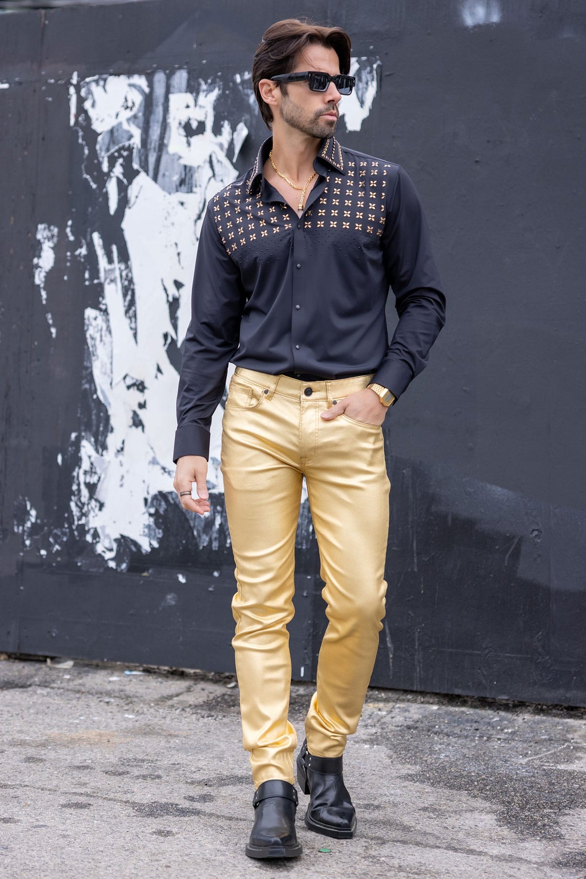 Barabas Men's Rhinestones Button Down Long Sleeve Shirts 4BR412 Black Gold