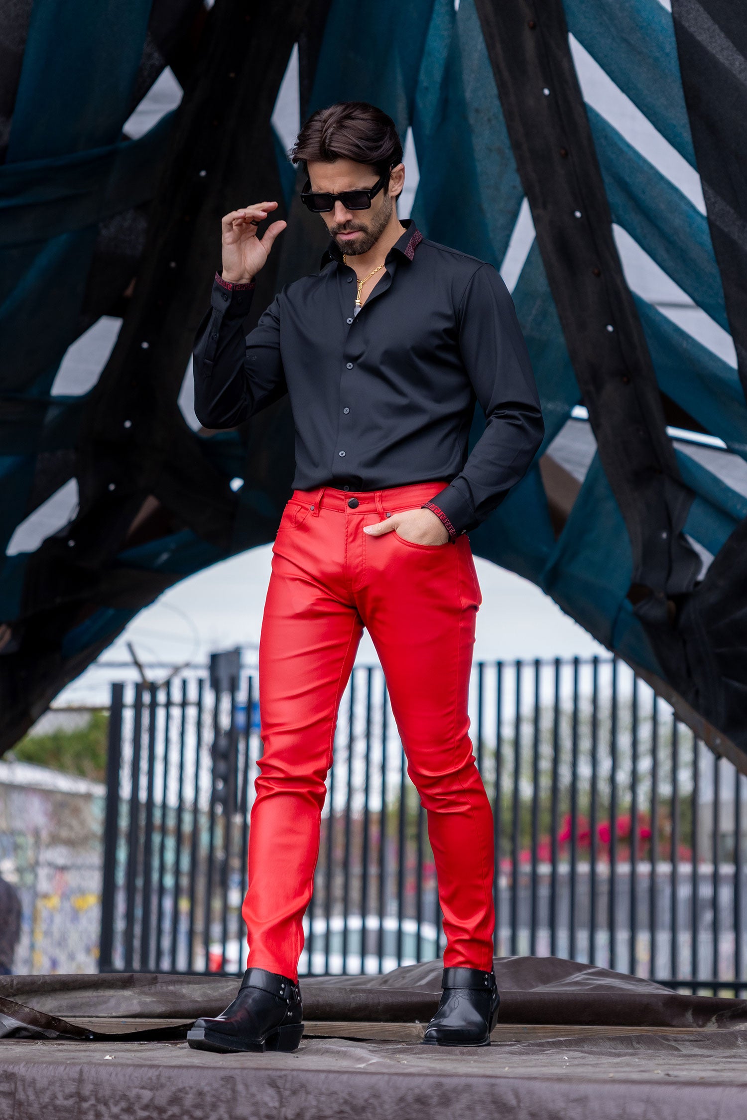 Barabas Men's Glossy Shiny Design Sparkly Luxury Dress Pants 2CPW27 Red