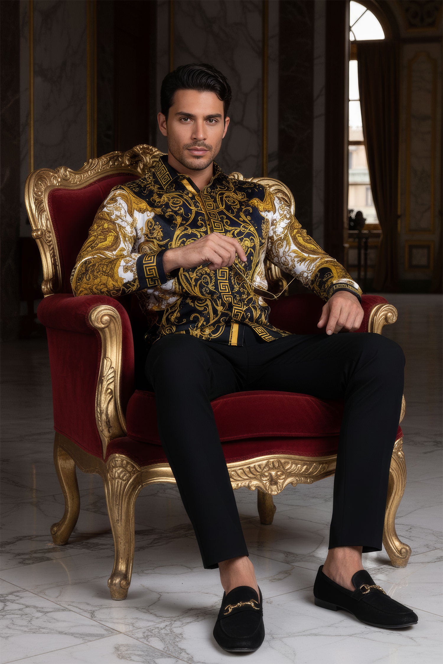 Barabas Men's Greek Pattern Medusa rhinestone long Sleeve Shirts B286ST Gold