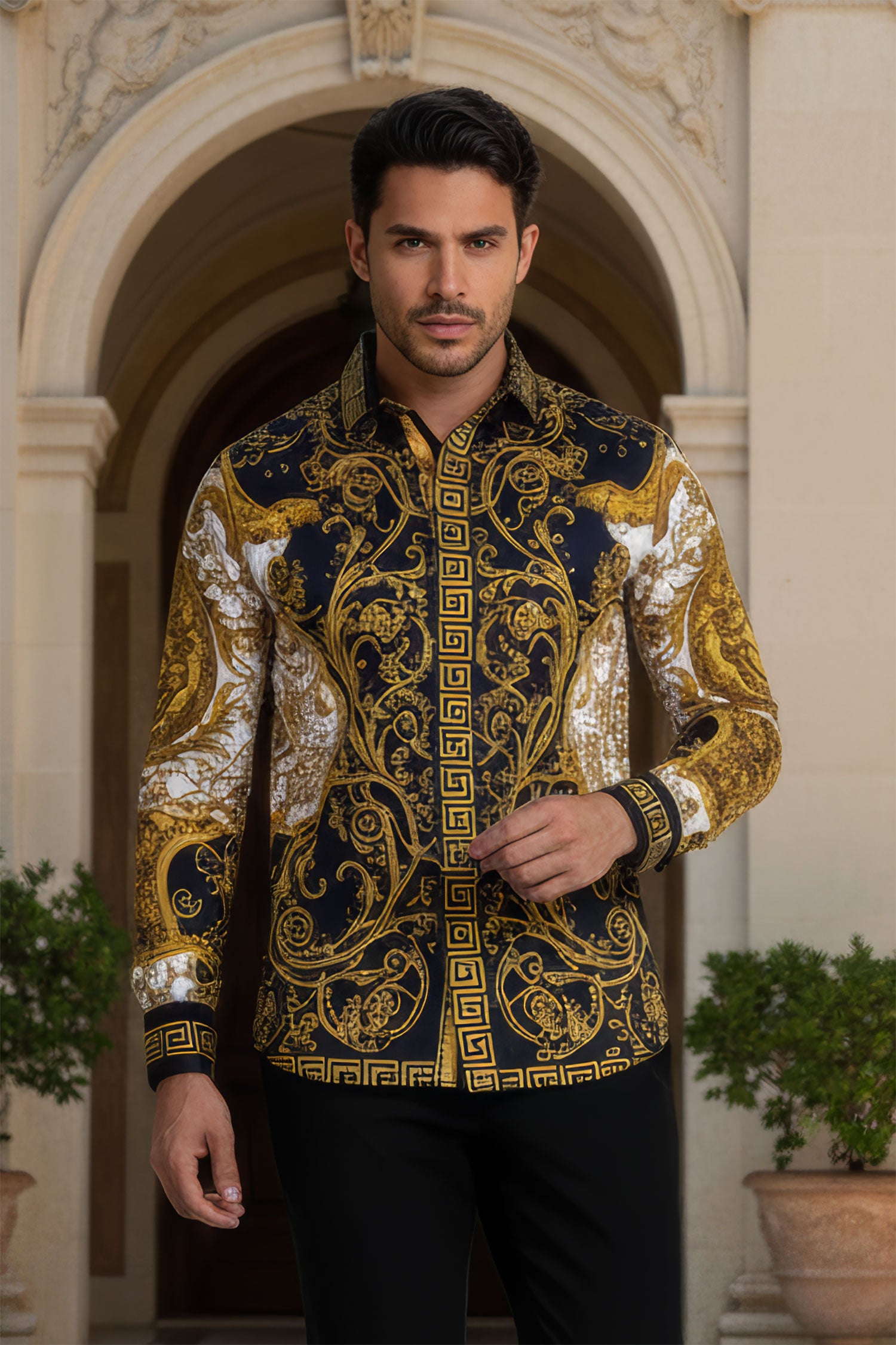 Barabas Men's Greek Pattern Medusa rhinestone long Sleeve Shirts B286ST Gold