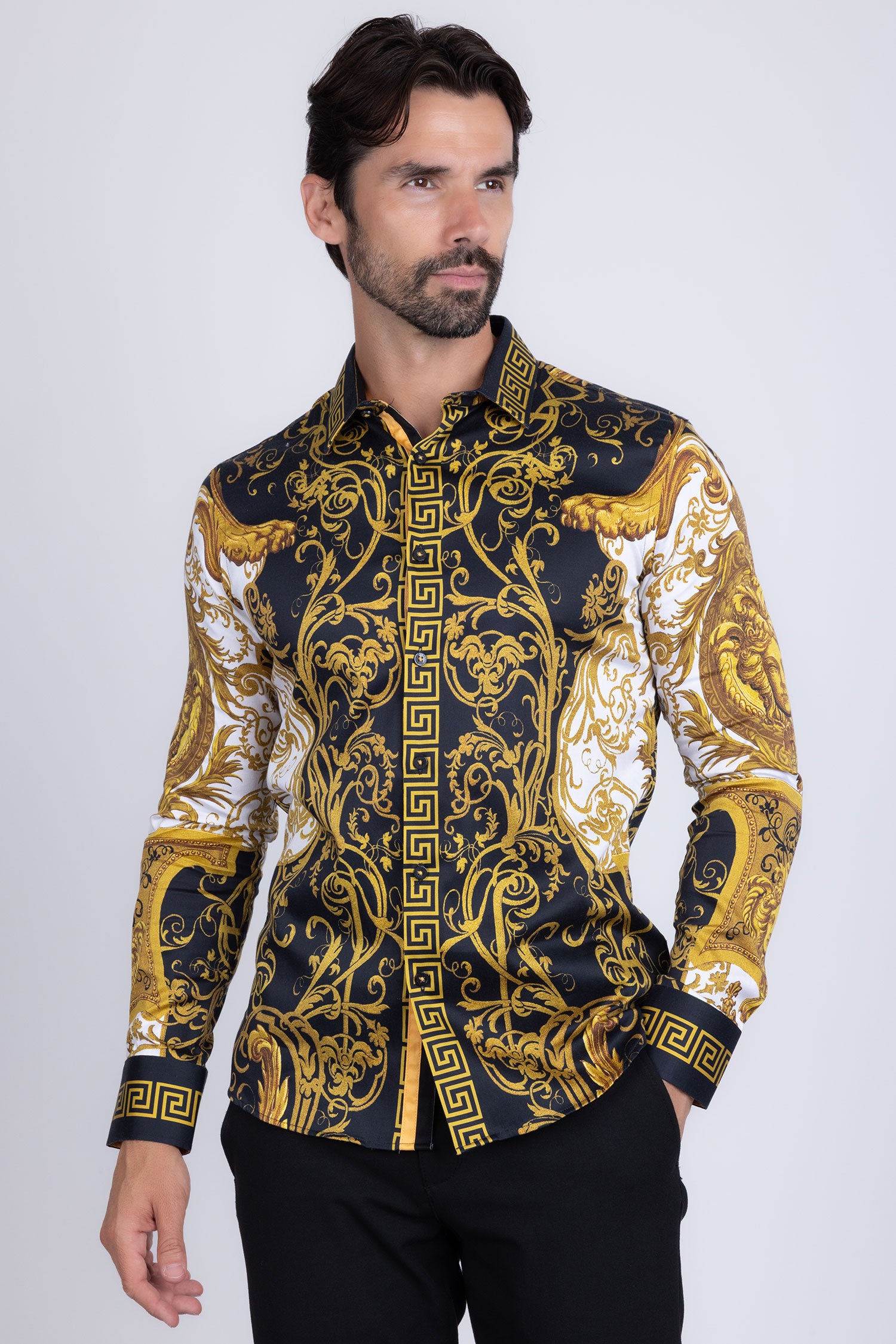 Barabas Men's Greek Pattern Medusa rhinestone long Sleeve Shirts B286ST Gold