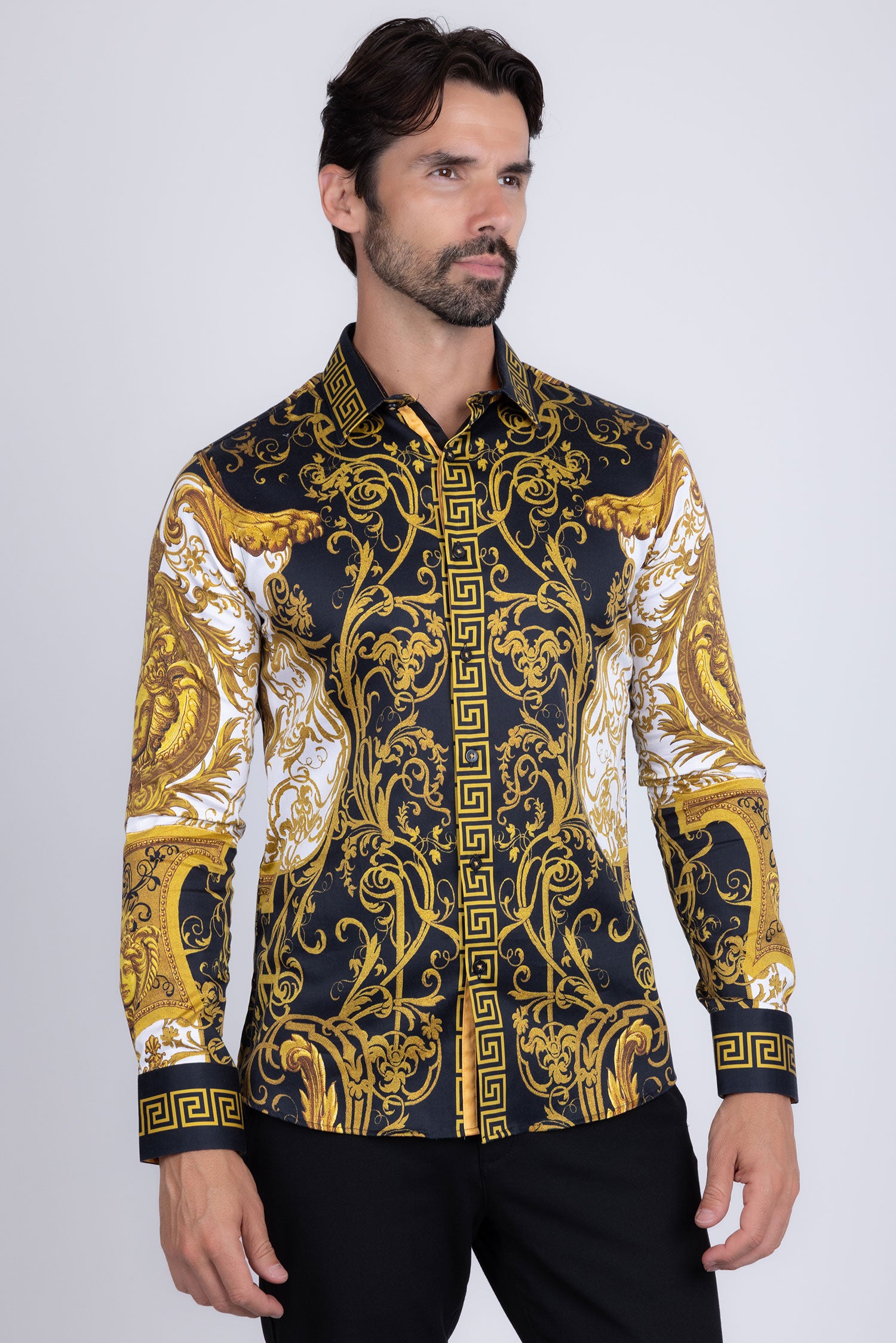 Barabas Men's Greek Pattern Medusa rhinestone long Sleeve Shirts B286ST Gold