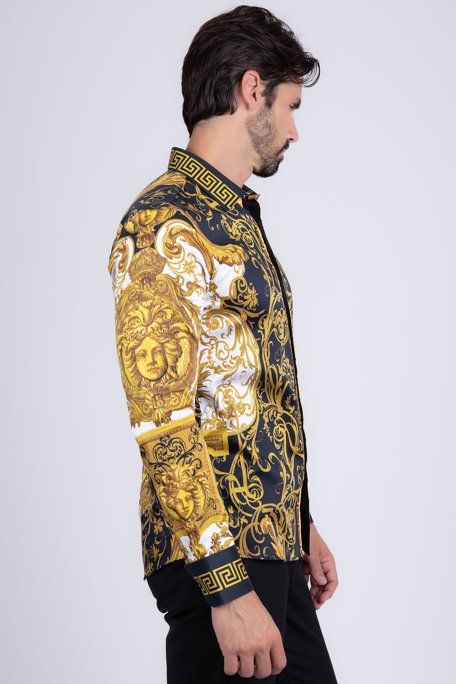 Barabas Men's Greek Pattern Medusa rhinestone long Sleeve Shirts B286ST Gold