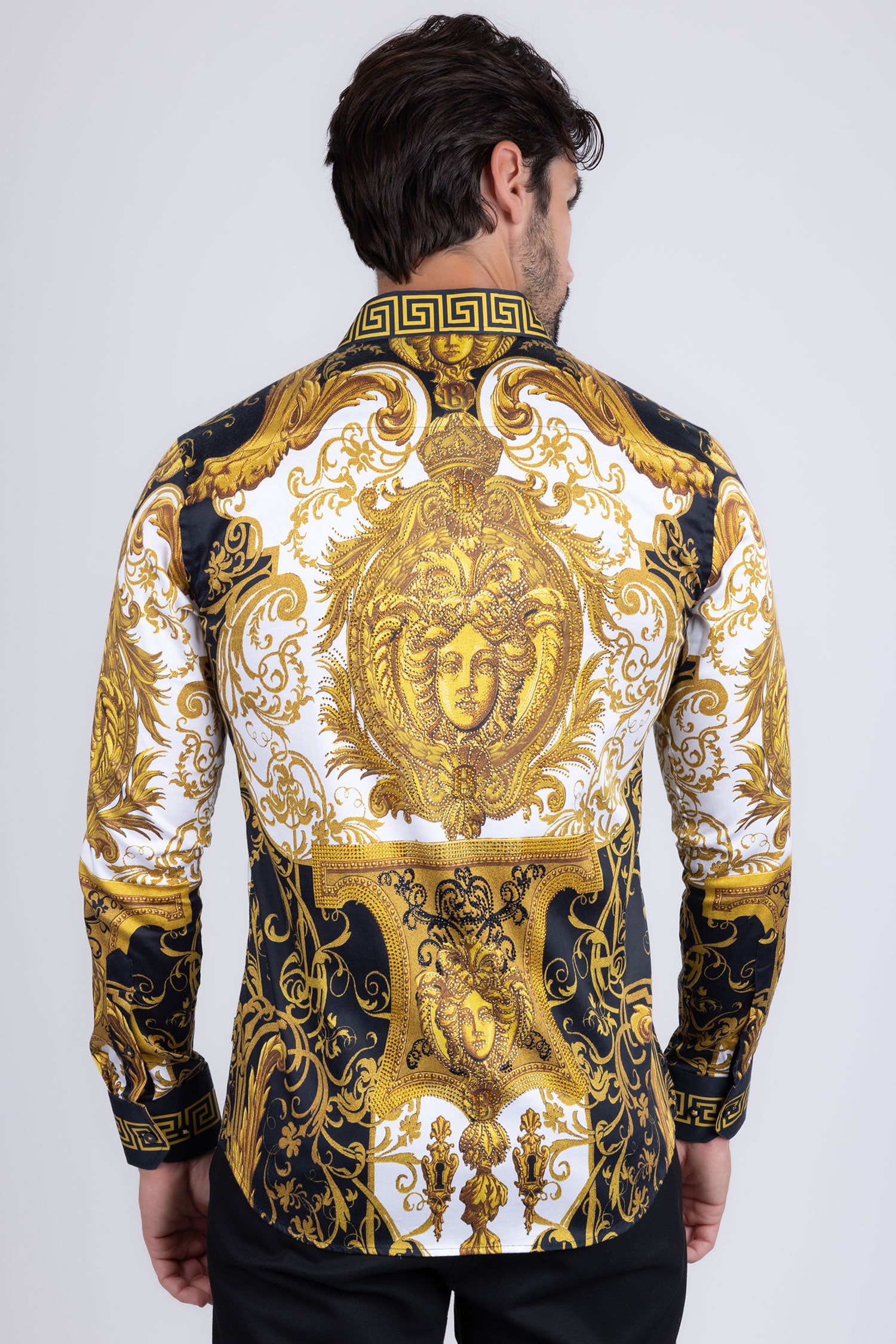 Barabas Men's Greek Pattern Medusa rhinestone long Sleeve Shirts B286ST Gold