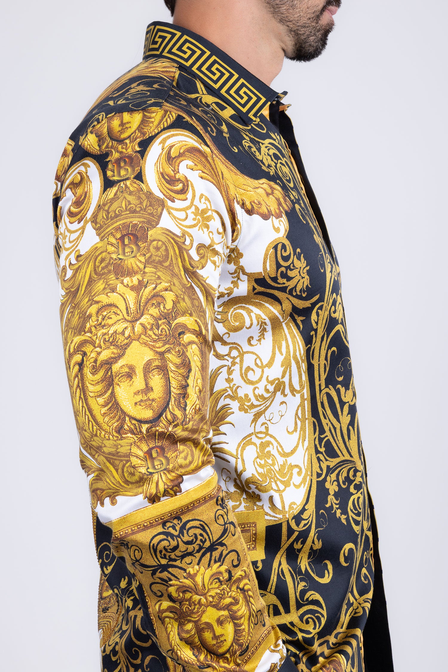 Barabas Men's Greek Pattern Medusa rhinestone long Sleeve Shirts B286ST Gold