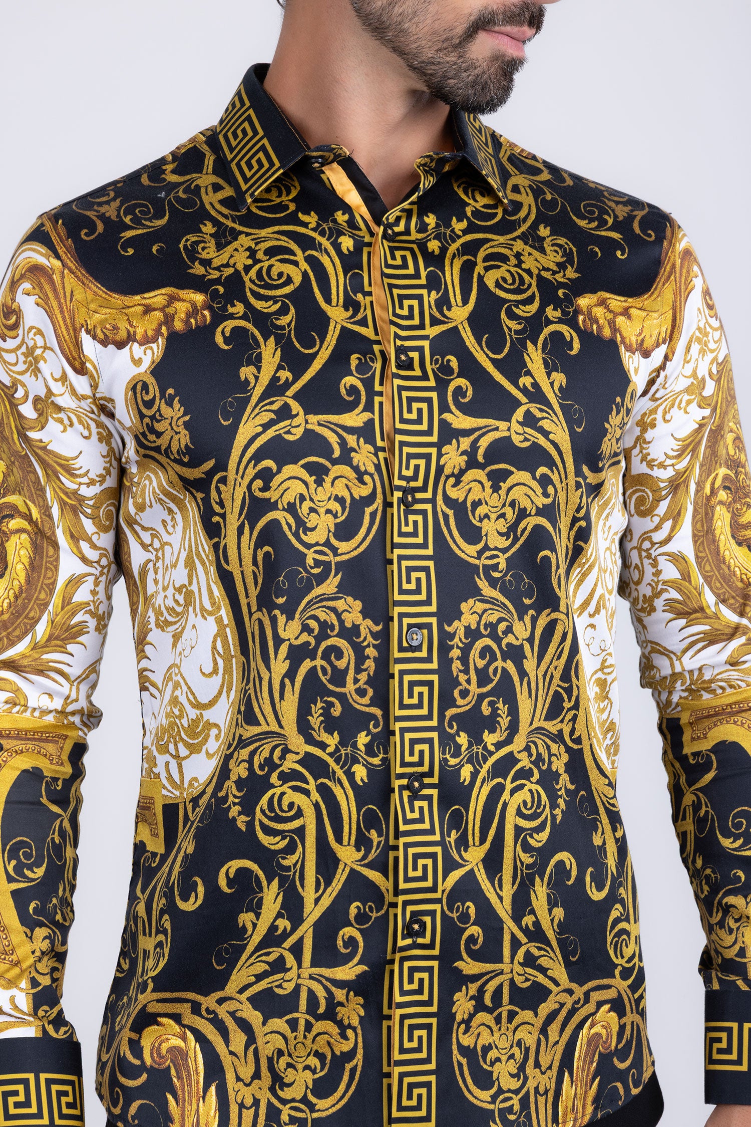 Barabas Men's Greek Pattern Medusa rhinestone long Sleeve Shirts B286ST Gold