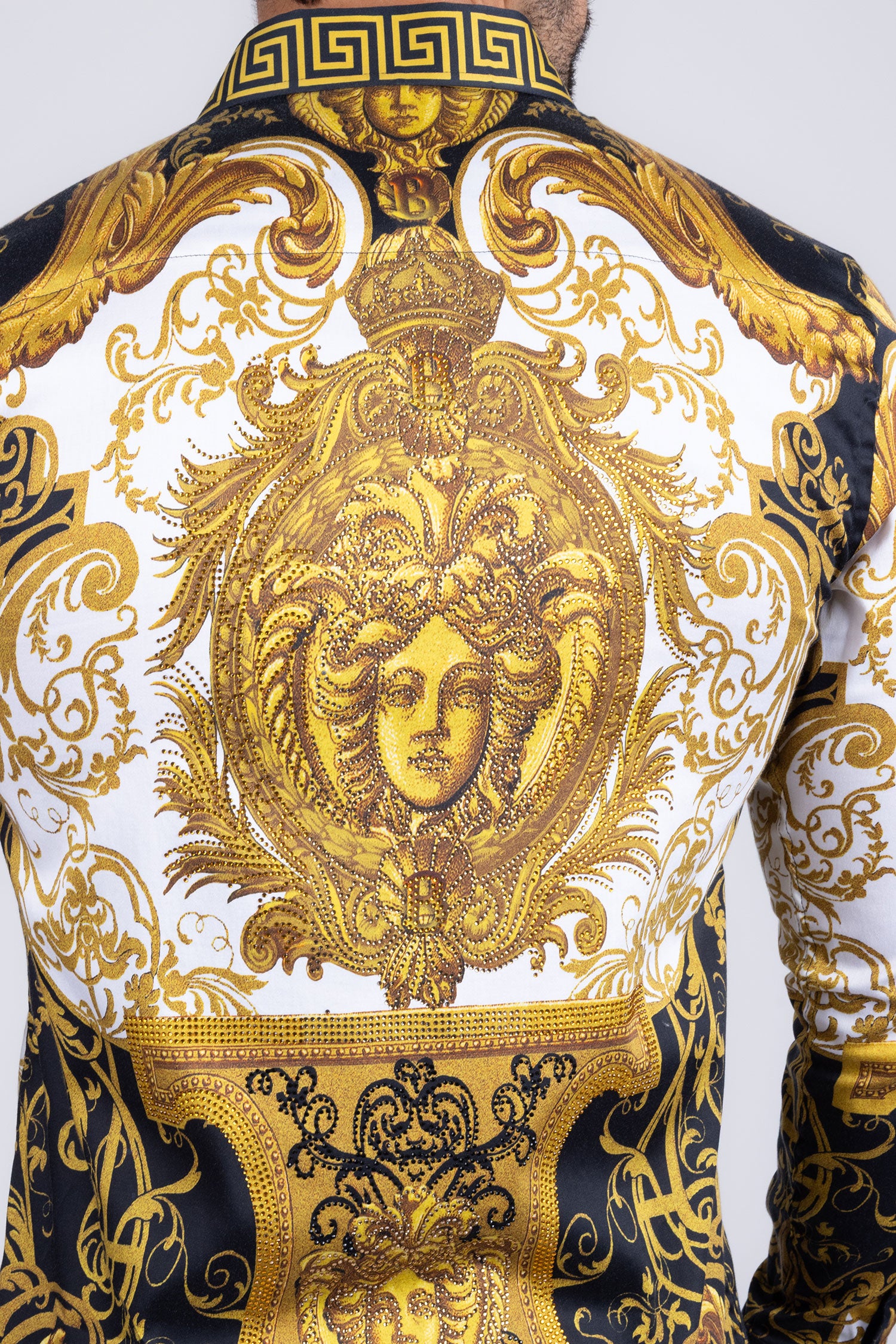 Barabas Men's Greek Pattern Medusa rhinestone long Sleeve Shirts B286ST Gold