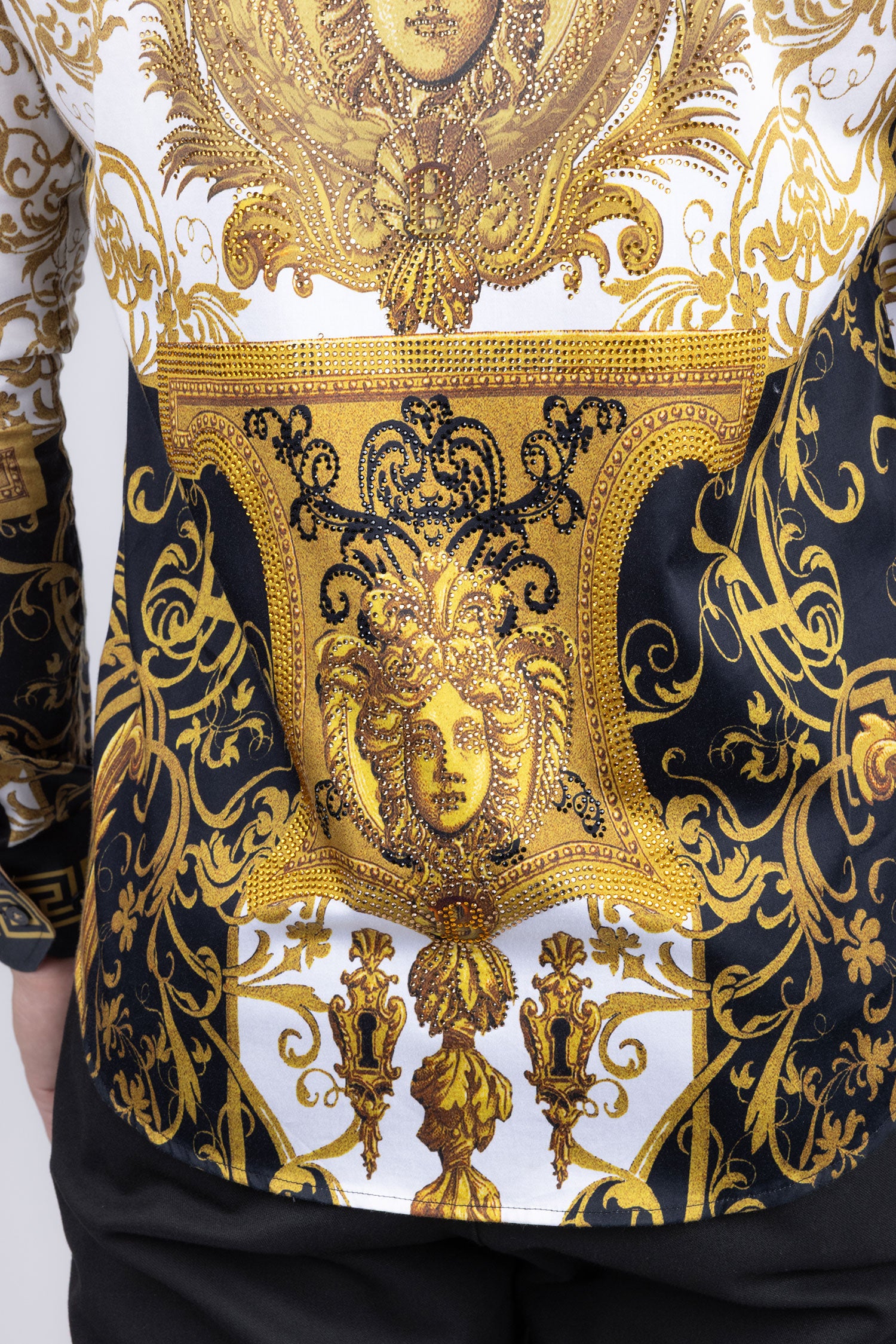 Barabas Men's Greek Pattern Medusa rhinestone long Sleeve Shirts B286ST Gold