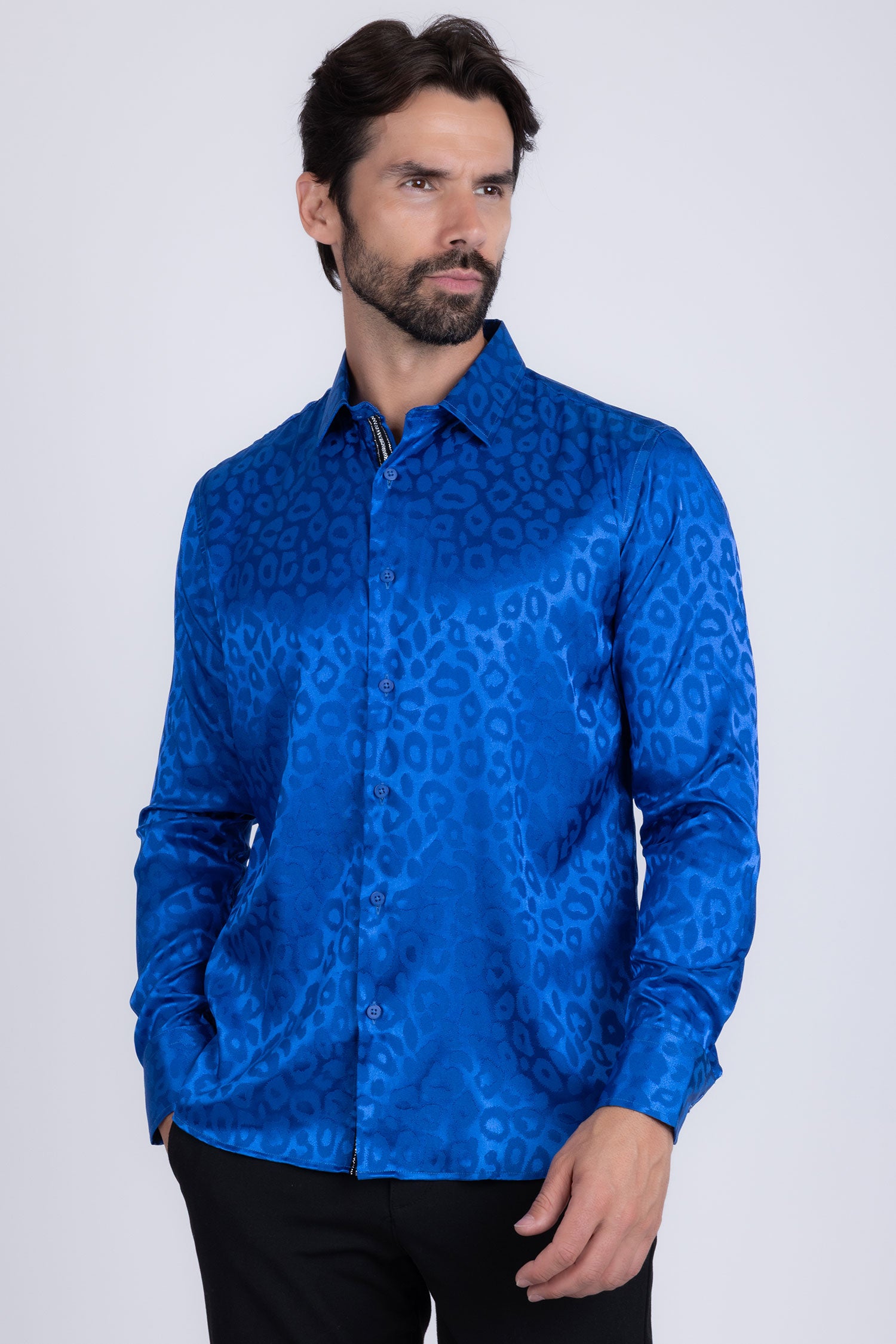 BARABAS Men textured leopard design pattern button down Shirts B310 Royal Blue