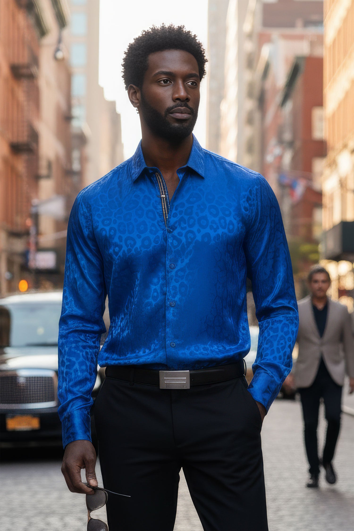 BARABAS Men textured leopard design pattern button down Shirts B310 Blue