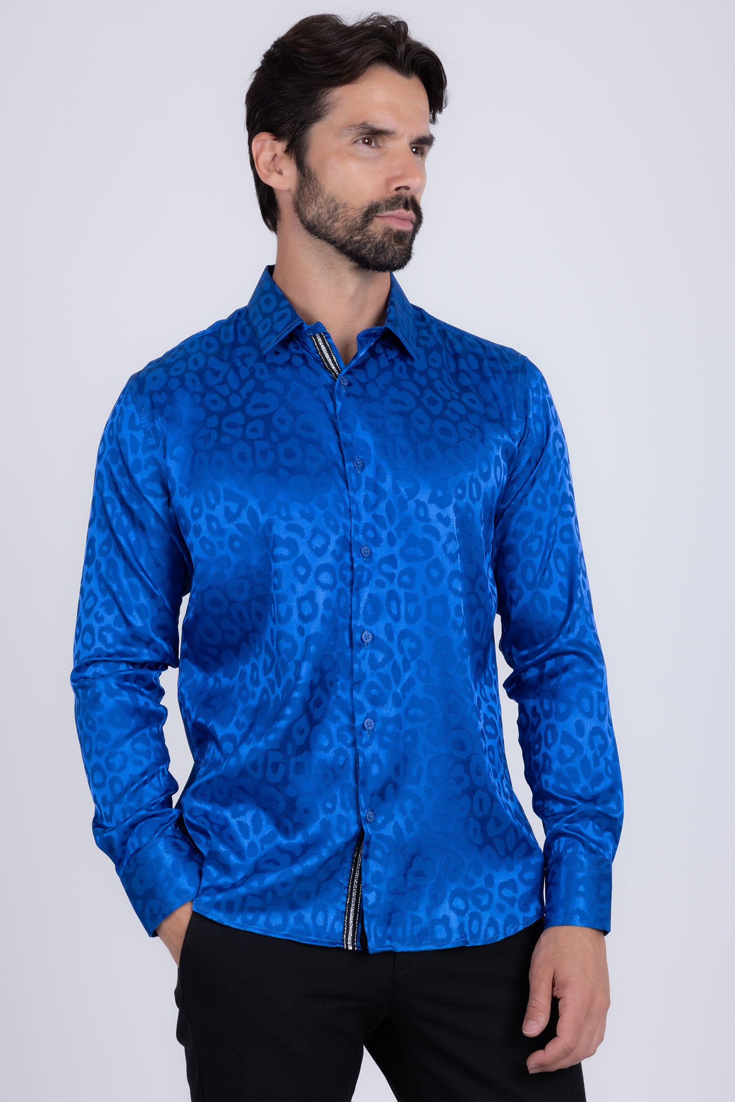 BARABAS Men textured leopard design pattern button down Shirts B310 Blue