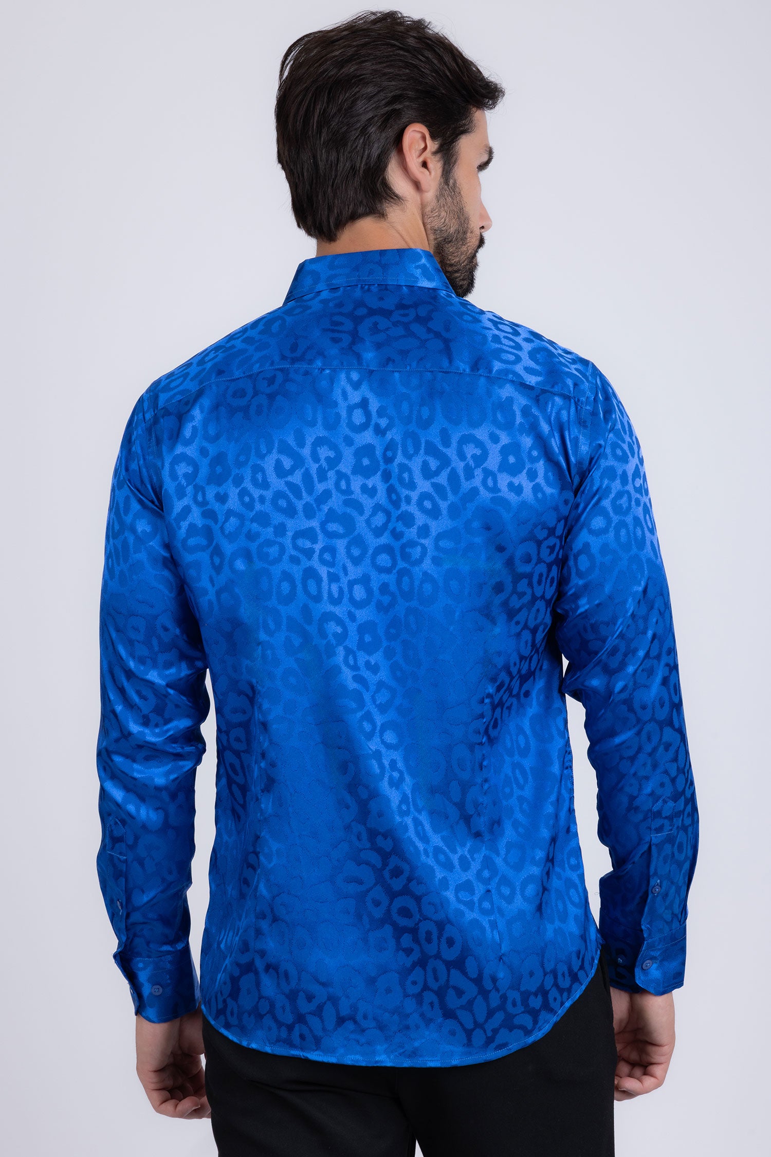 BARABAS Men textured leopard design pattern button down Shirts B310 Royal