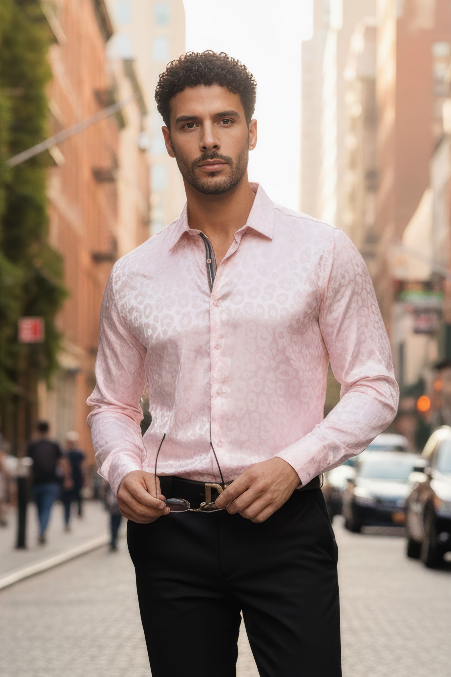 BARABAS Men textured leopard design pattern button down Shirts B310 Pink