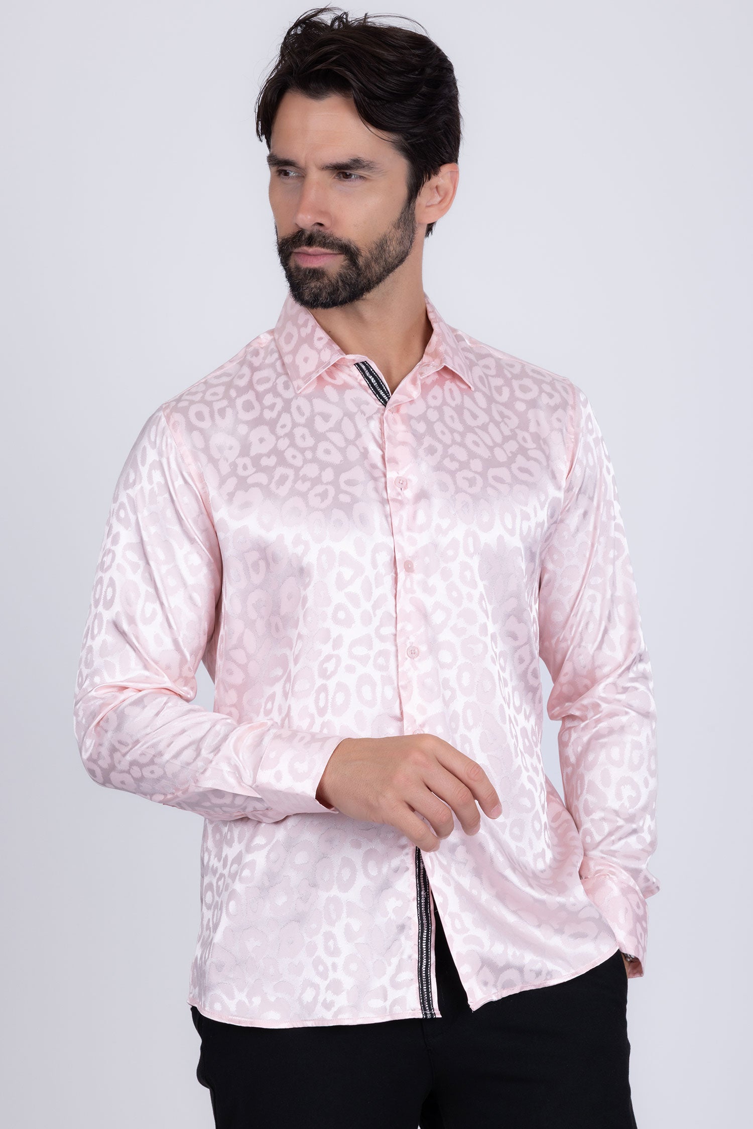 BARABAS Men textured leopard design pattern button down Shirts B310 Pink