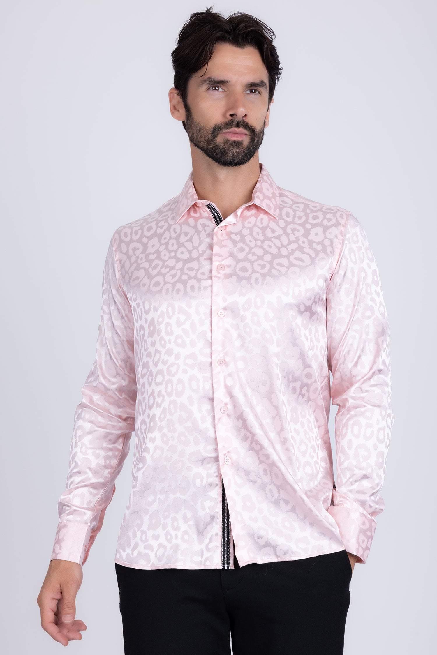 BARABAS Men textured leopard design pattern button down Shirts B310 Pink