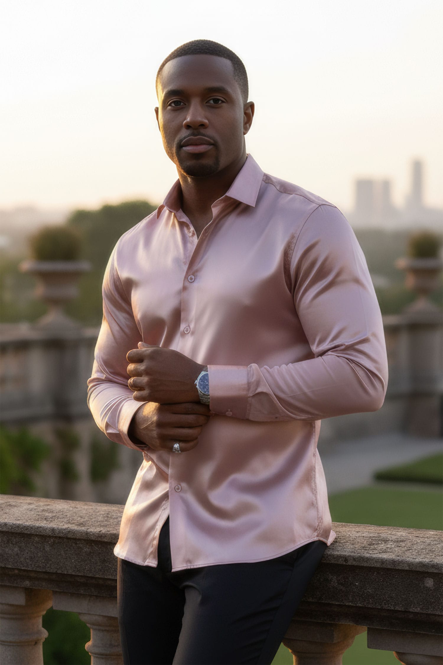 BARABAS Mens Luxury Shiny Long Sleeve Button Down Metallic Shirts B312 dusty pink