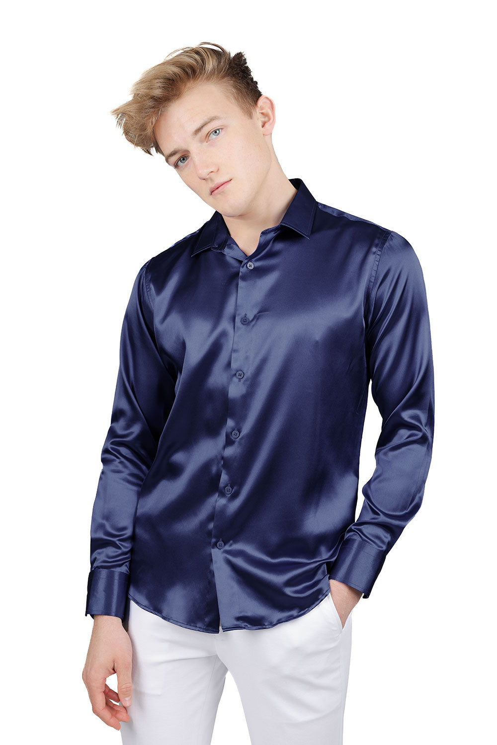 BARABAS Mens Luxury Shiny Long Sleeve Button Down Metallic Shirts B312 Navy