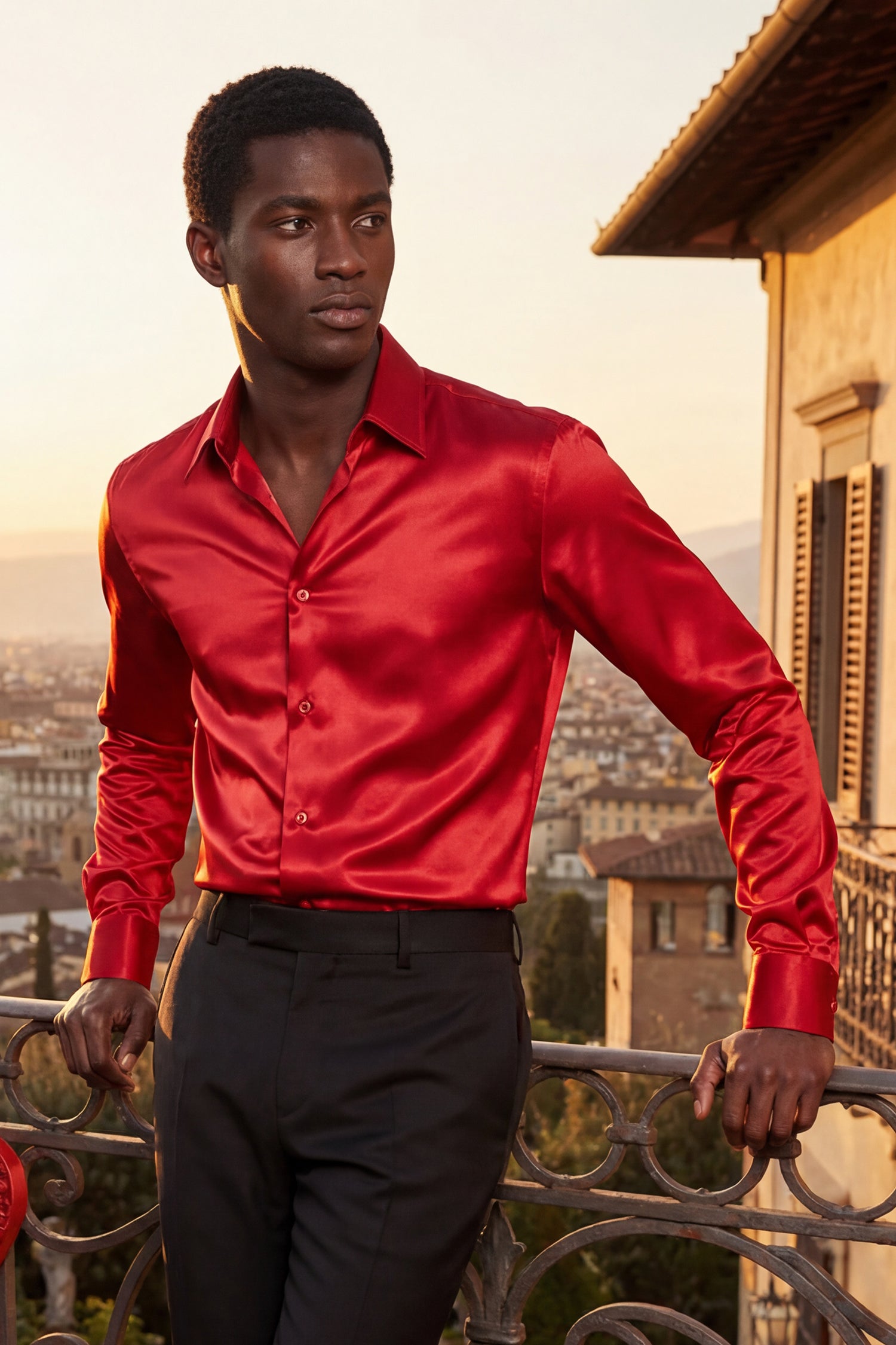 BARABAS Mens Luxury Shiny Long Sleeve Button Down Metallic Shirts B312 red