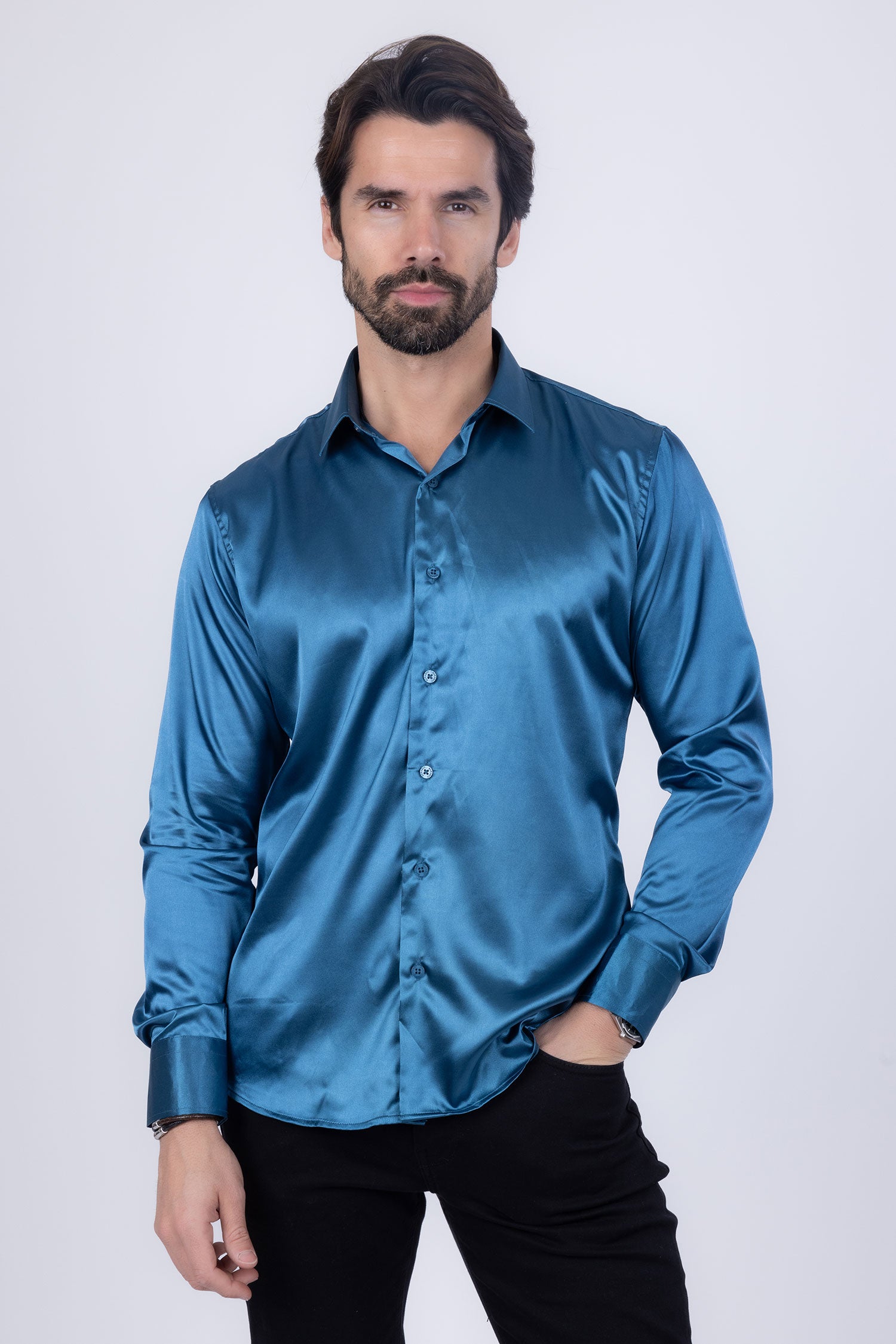 BARABAS Mens Luxury Metallic Long Sleeve Button Down Shiny shirts B312 Teal